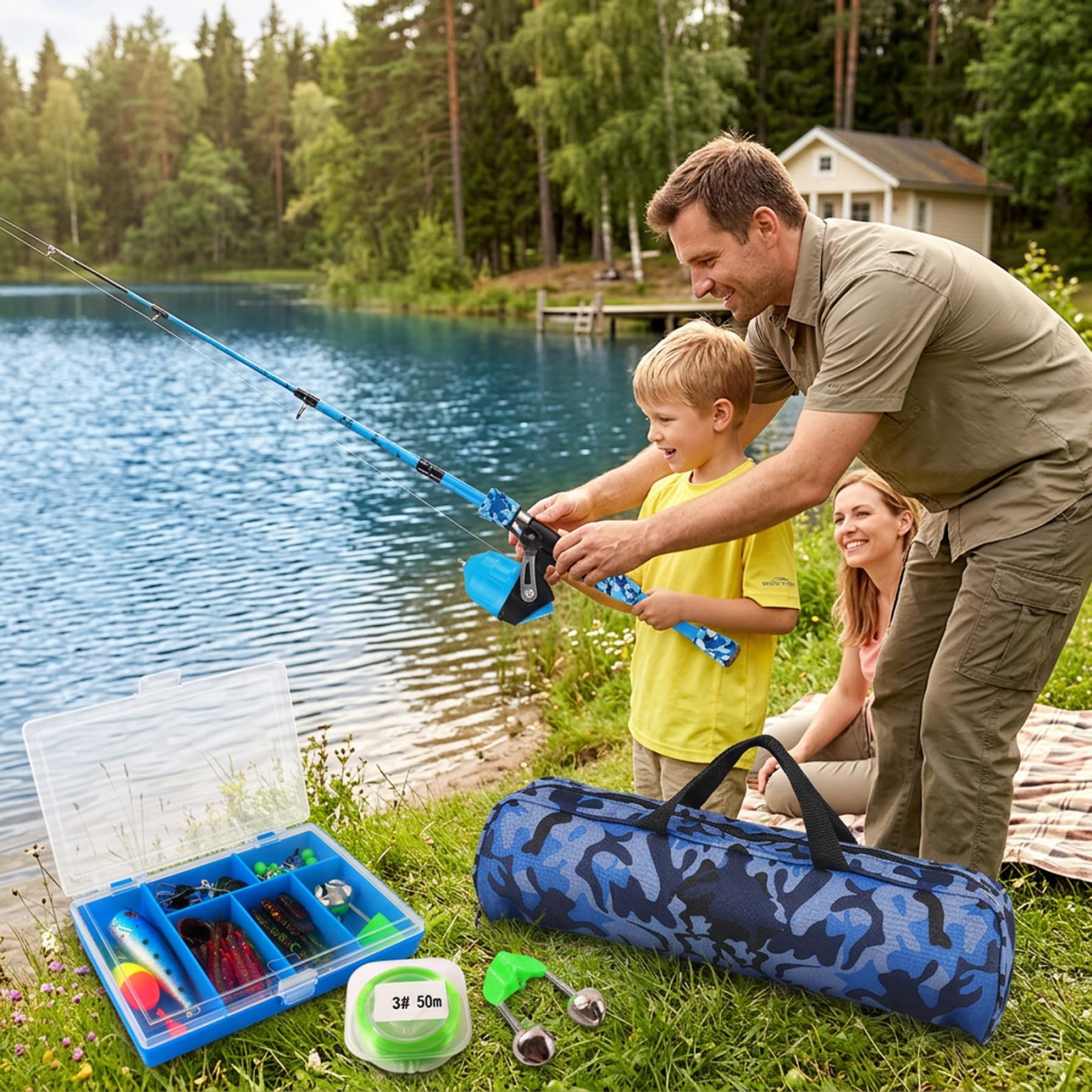 Equipo de pesca para niños Caña de pescar infantil Kit completo de iniciación con caña telescópica caja de aparejos carretes y bolsa para jóvenes pescadores 1, 5 m Equipo de pesca para niños azul