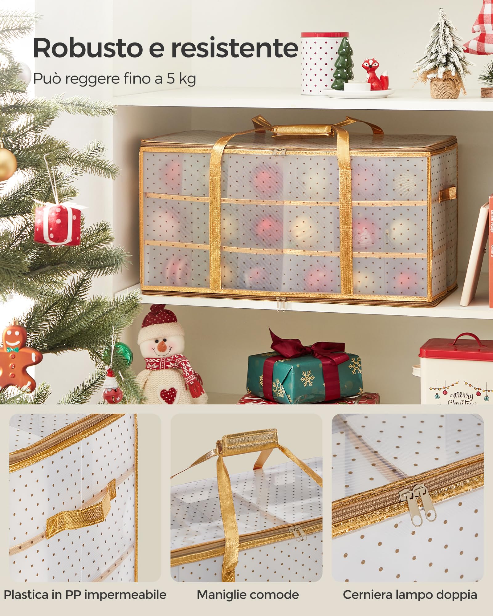 SONGMICS Contenitore per Palline di Natale, 54 Scomparti da 10,2 cm, Scatola Decorazioni Natalizie in Plastica con Coperchio, Doppia Cerniera Lampo, 6 Vassoi, Maniglie, Dorato Sabbioso RFB030A01