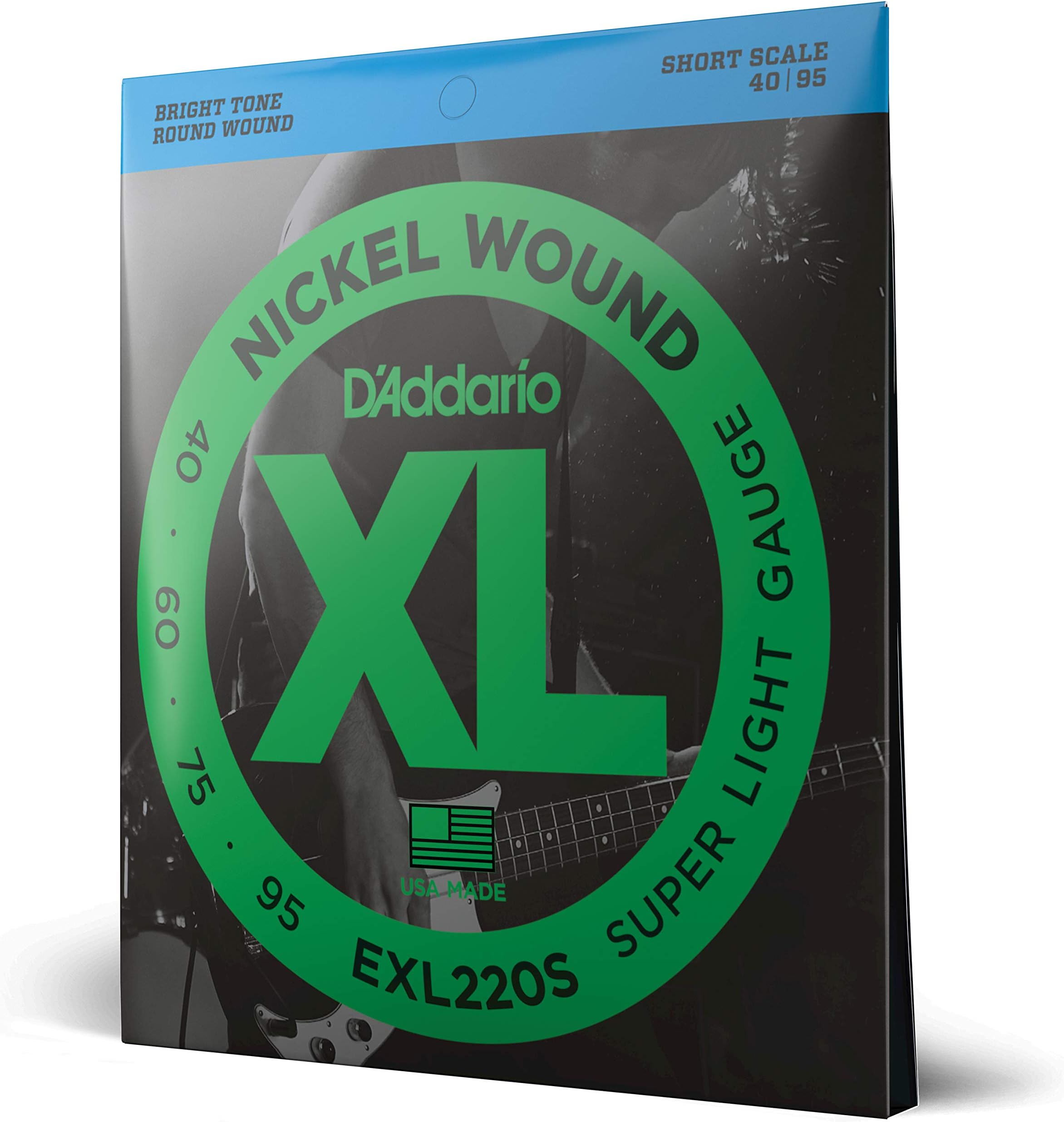 D'Addario Electric Bass Guitar Strings, XL Nickel, EXL220S, Super Light Gauge 40-95, Short Scale, 4-String Set, Pack of 1
