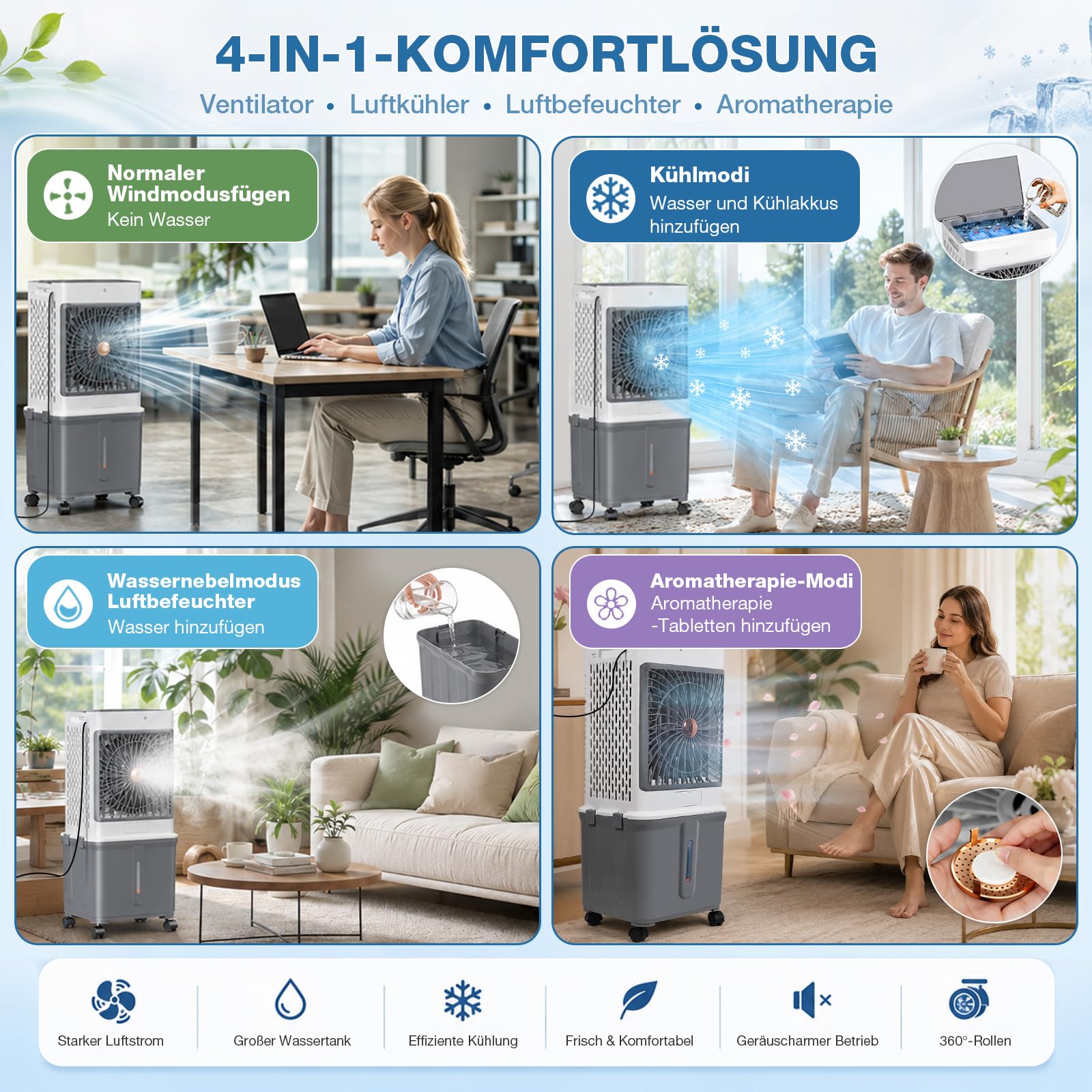Luftkühler mit Wasserkühlung, 35L Wassertank und Fernbedienung | Mobile Klimaanlage ohne Abluftschlauch, 120° Oszillation Timer 3 Stufen 70W Verdunstungskühler für Wohnung Raum Wohnzimmer