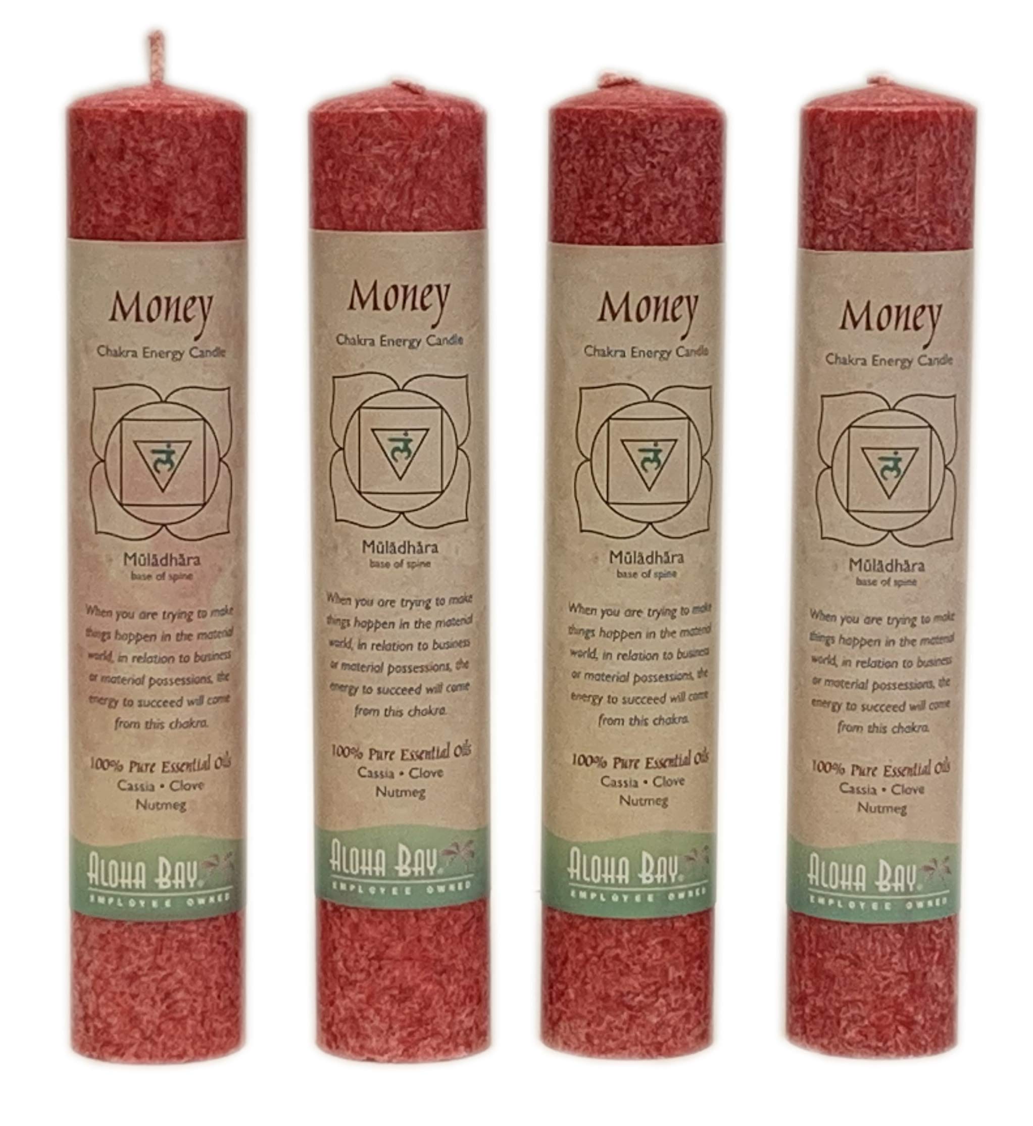 Hochwertige, handgefertigte Chakra-Energie-Stumpenkerze (4er-Pack), Geld, Muladhara, Yoga-, Gebets- und Meditationskerze, lange Brenndauer 15 Stunden, ätherische Öle von Kassia, Nelke und Muskatnuss