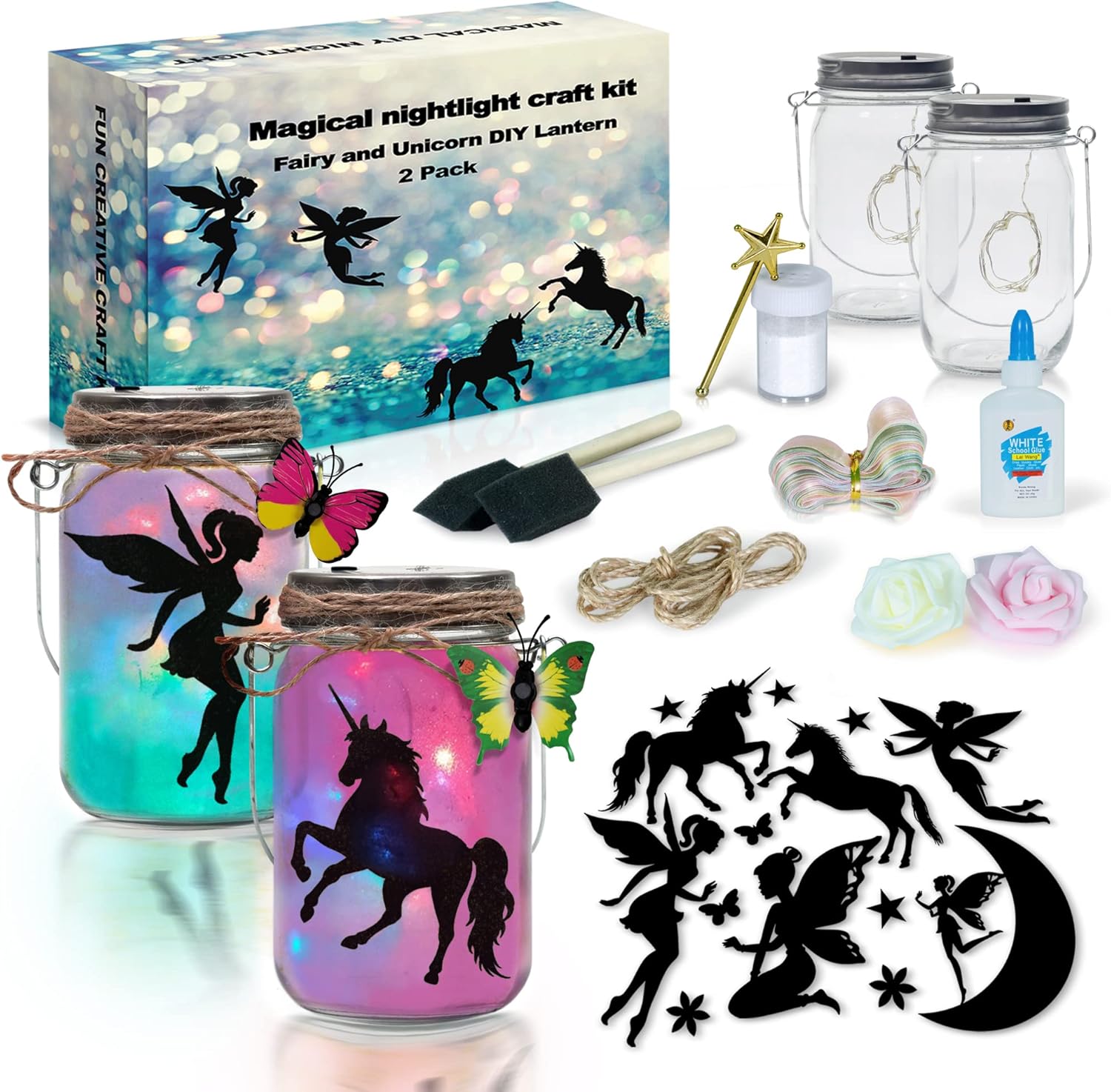 2Pepers DIY Fairy and Unicorn Nightlight Craft Kit (2 Pack), Fairy Lantern Jars Arts and Crafts for Girls, Make Your Own Unicorn Lamp Decor Craft Project, Gifts for Kids Turquoise- Fairy & Unicorn (2 pack)