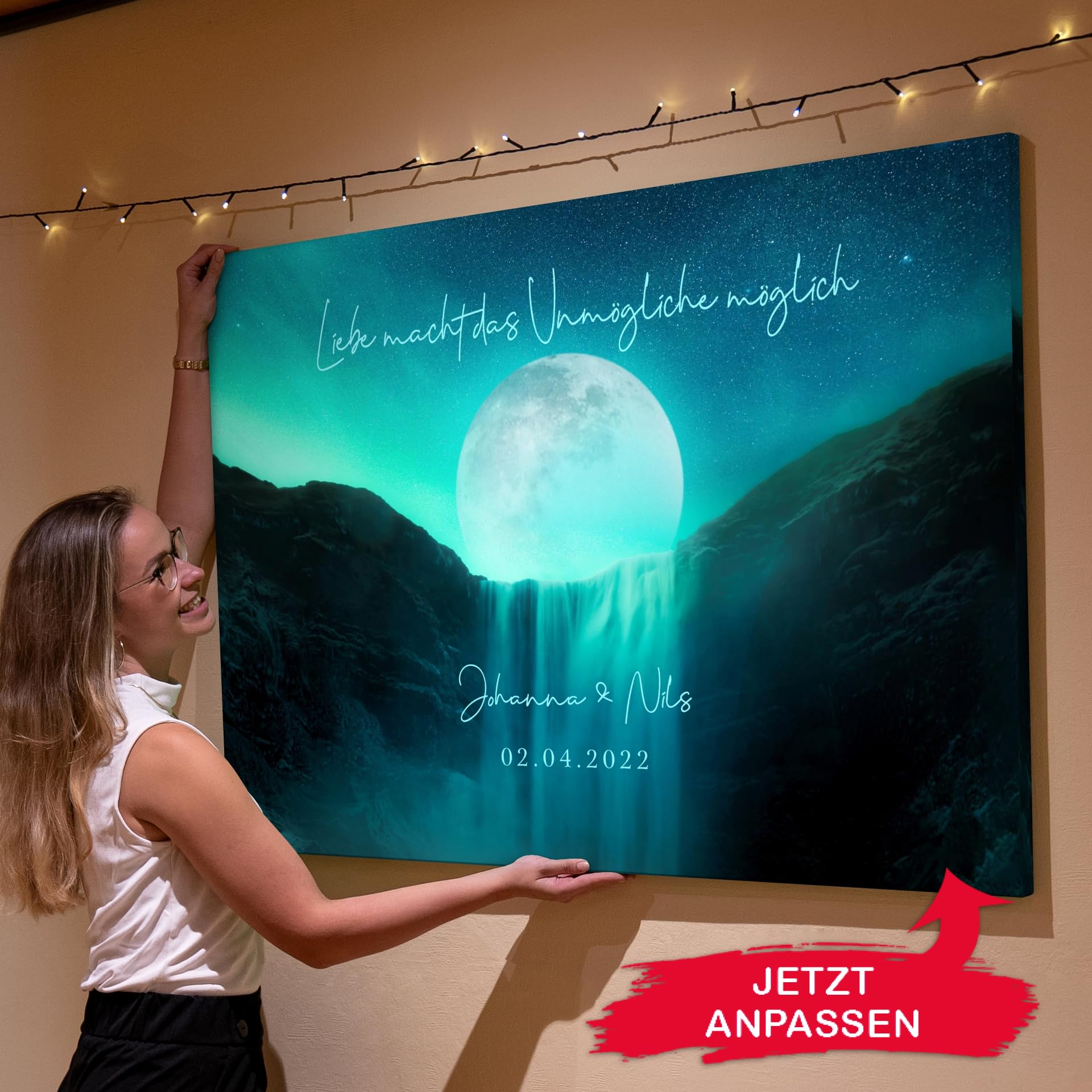 Liebesleinwand Leinwand personalisiert Mond der Liebe | Geschenk für sie oder ihn zum Jahrestag, Verlobung, Hochzeitstag | Leinwandbild gestalten mit Namen und Datum