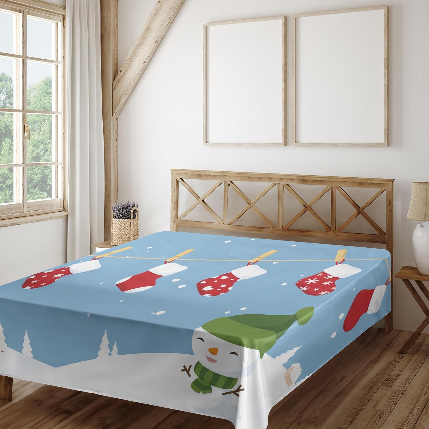 Ambesonne Christmas Flat Sheet, Little Bird and Socks Hanging on Clothesline Snowy Cartoon Print, Soft Comfortable Top Sheet Decorative Bedding 1 Piece, Full Size, White Blue