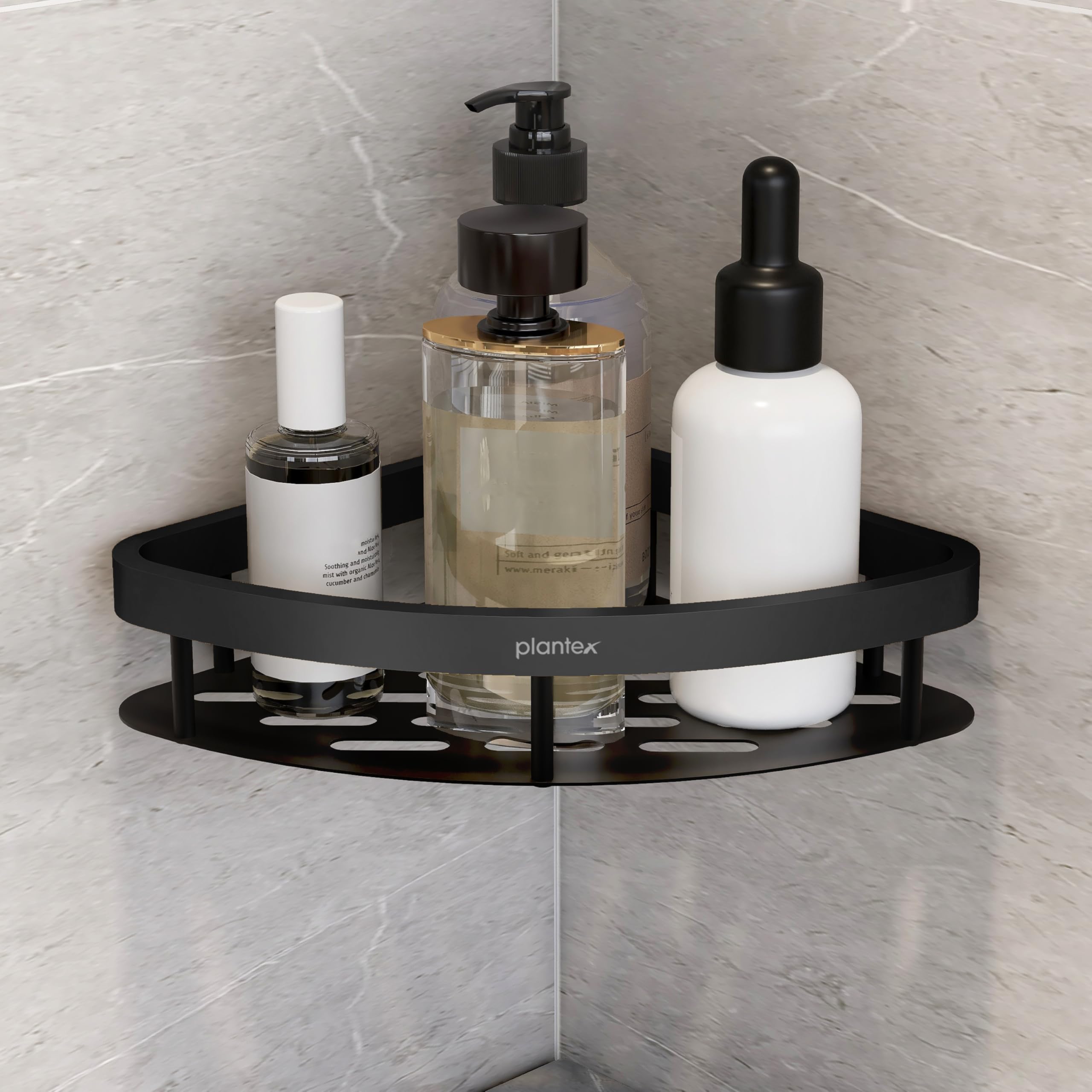 Plantex Self Adhesive Corner Shelf for Bathroom Wall/Aluminium & Stainless Steel Corner Shelf/Storage Organizer/Bathroom Accessories Set- Pack of 1 (8 x 8 inch, Black)