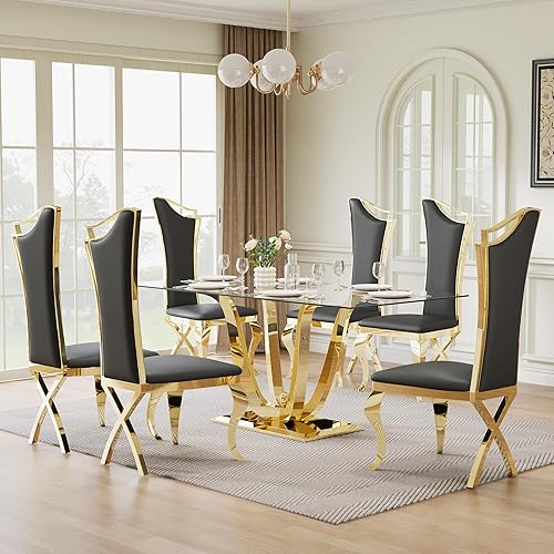 Miniatura 29 de Juego de mesa de comedor de cristal de 70 pulgadas para 6, moderna mesa de cocina de vidrio de 7 piezas y 6 sillas tapizadas de terciopelo, juego