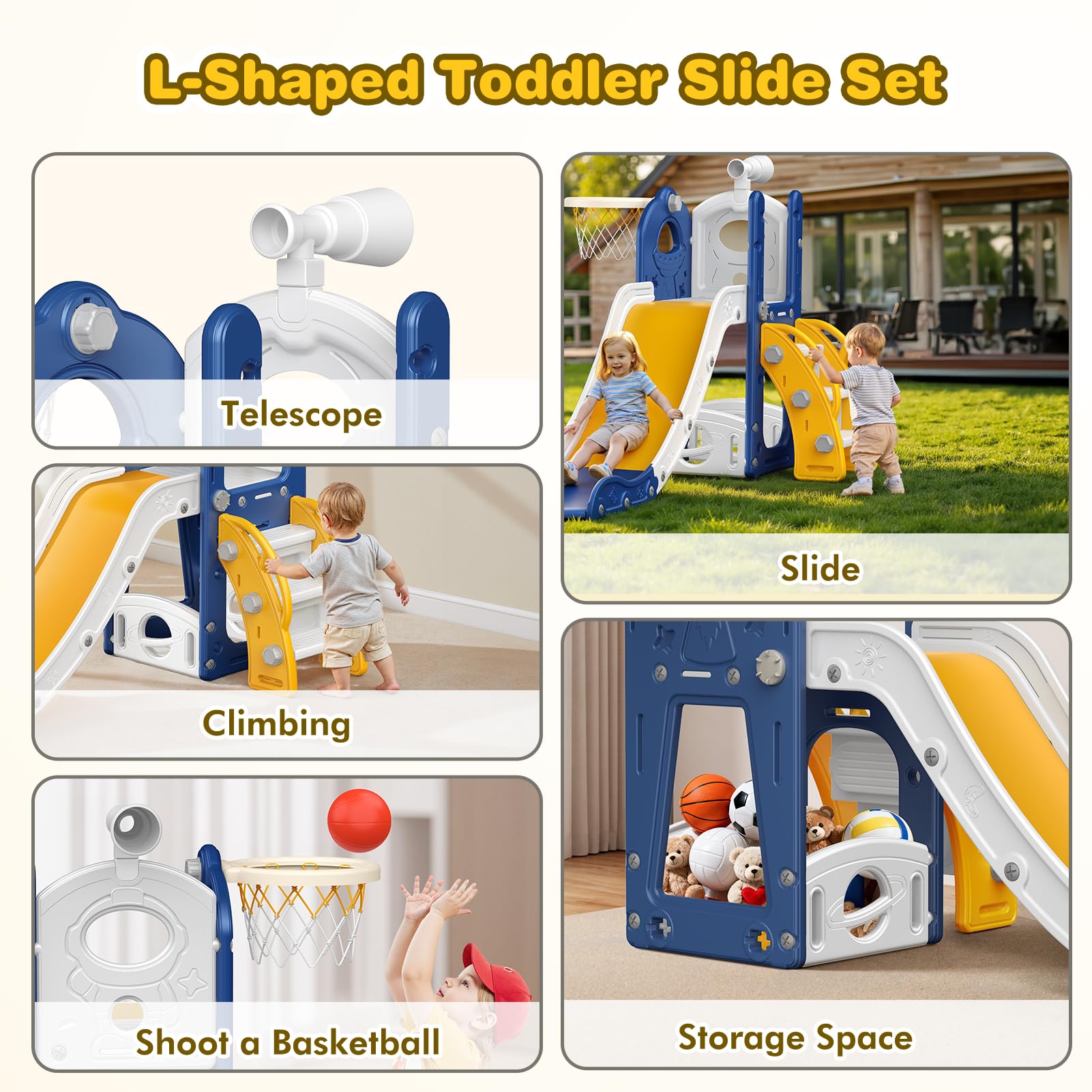 Scivolo per Bambini: Grande Scivolo Blu per Bambini in Età 1-3 Anni con Cestino da Basket, Scivolo per Bambini con Spazio di Stoccaggio, Set di Gioco per Bambini con Scala da Arrampicata, Giocattolo