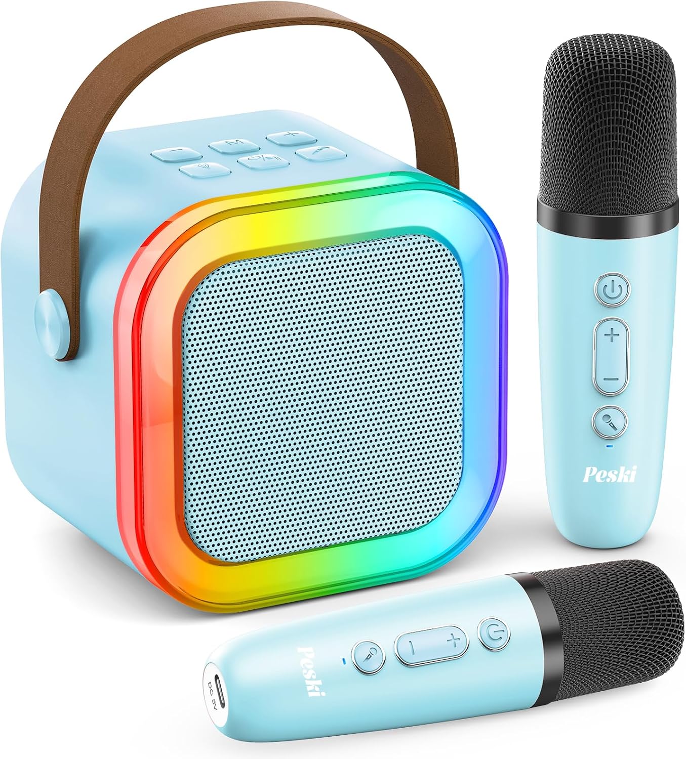 peski karaoke machine for kids adults, portable bluetooth mini karaoke microphone singing speaker karaoke player with 2 wireless mic, for all smartphones,birthday, family,home party(blue)