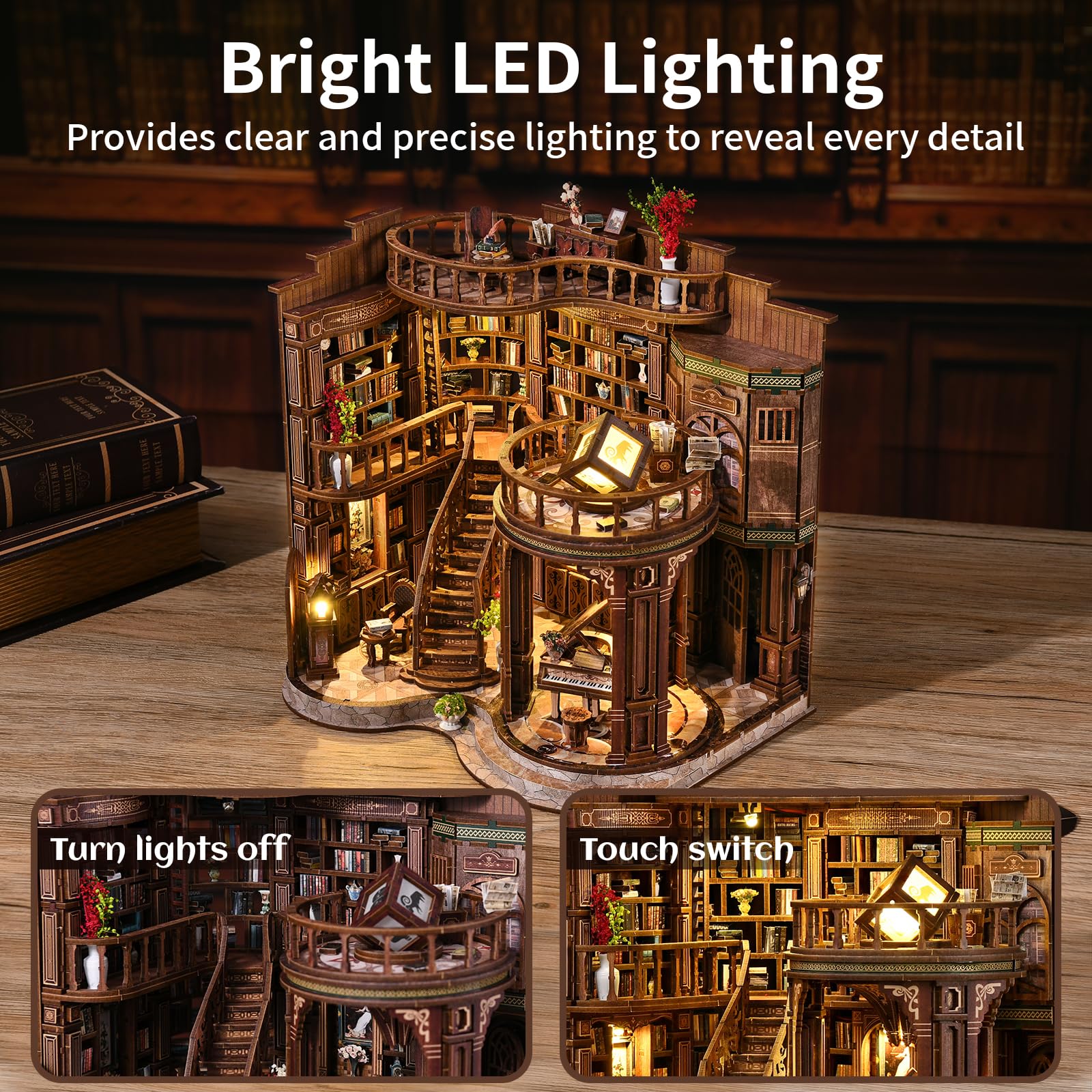 Zestawy do samodzielnego wykonania, kącik na książki, dla dorosłych, drewniane puzzle, BookNook, miniaturowy dom z oświetleniem LED, dekoracja regału, biblioteka, zestaw dioram, modelarstwo, podpórka