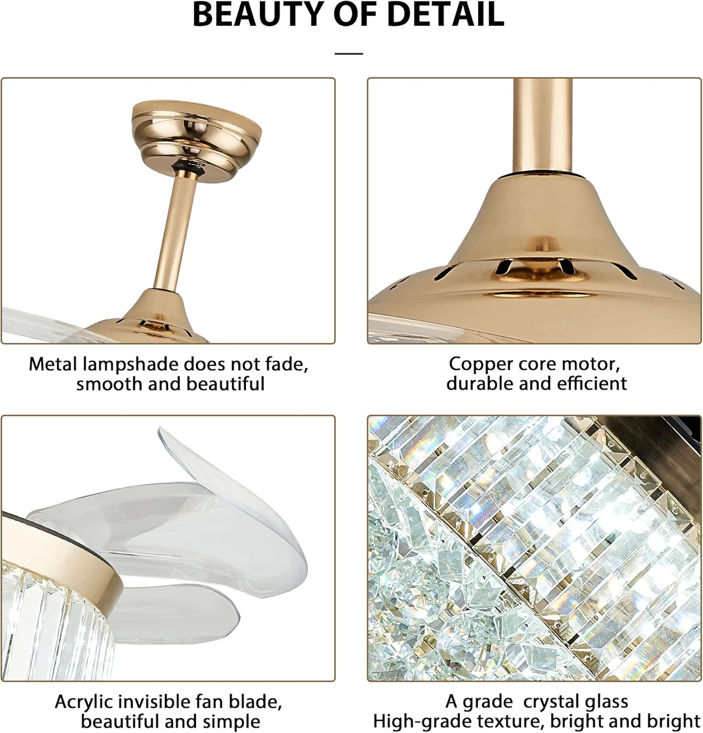 42” Chandelier Ceiling Fan Lighting Dimmable Remote Control Fandeliers Crystal Ceiling Fan with Lights for Bedroom Living Room Speed 3 Light (Gold