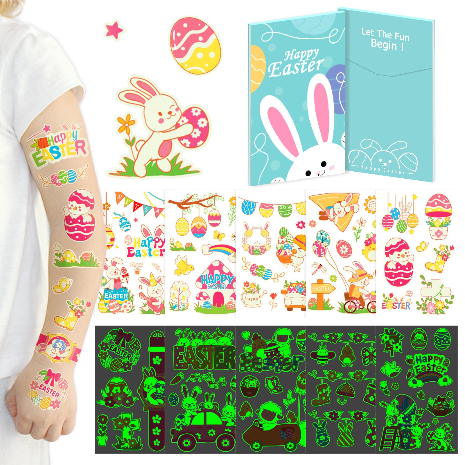 Acevegue Pascua Tatuajes Temporales Niños, 15 Hojas Tatuajes Niños Luminoso Regalos Pascua Niños, Huevos Sorpresa Conejo de Pascua Pegatinas Infantiles Niños Niñas Juguetes Decorativas