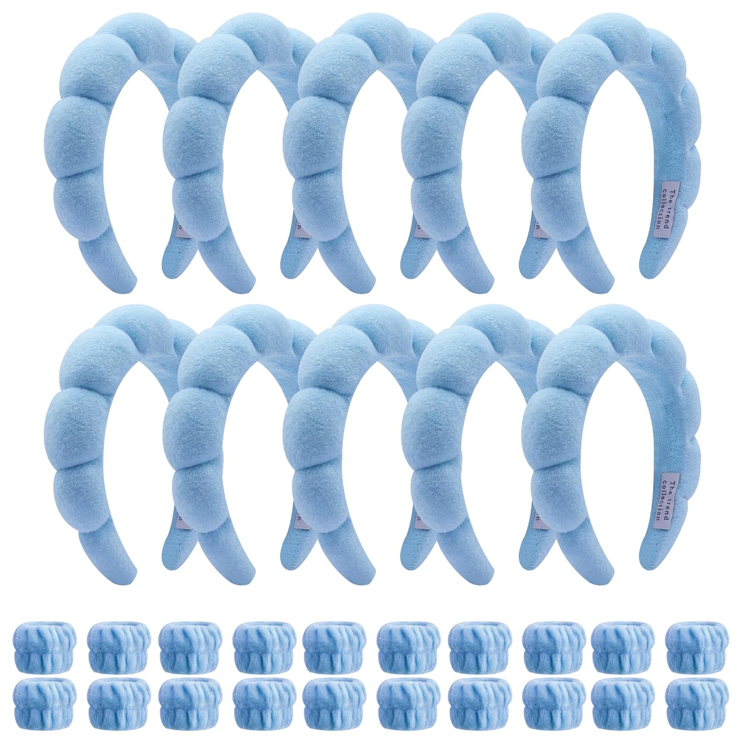 10 Pack Spa Headband and Wristband for Washing Face, Makeup and Skincare. Puffy Terry Cloth, Non Slip Get Ready Hairband for Women, Teens, Girls. Cute Hair Accessories. (Blue)