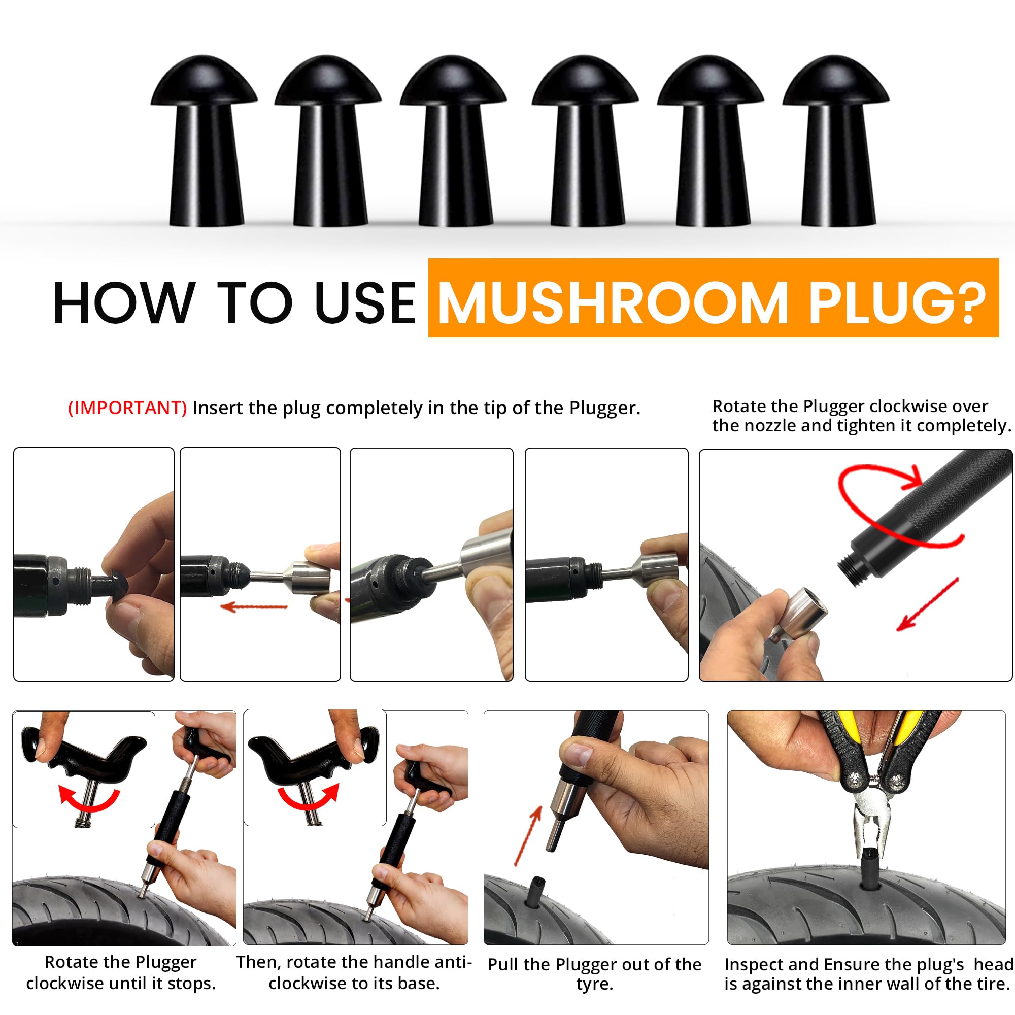GRAND PITSTOP 36 PCS Tubeless Tire Puncture Repair Kit with Mushroom Plug for Tyre Punctures And Flats on Cars, Motorcycles, ATV, Trucks & Tractors (30 Mushroom Plugs)