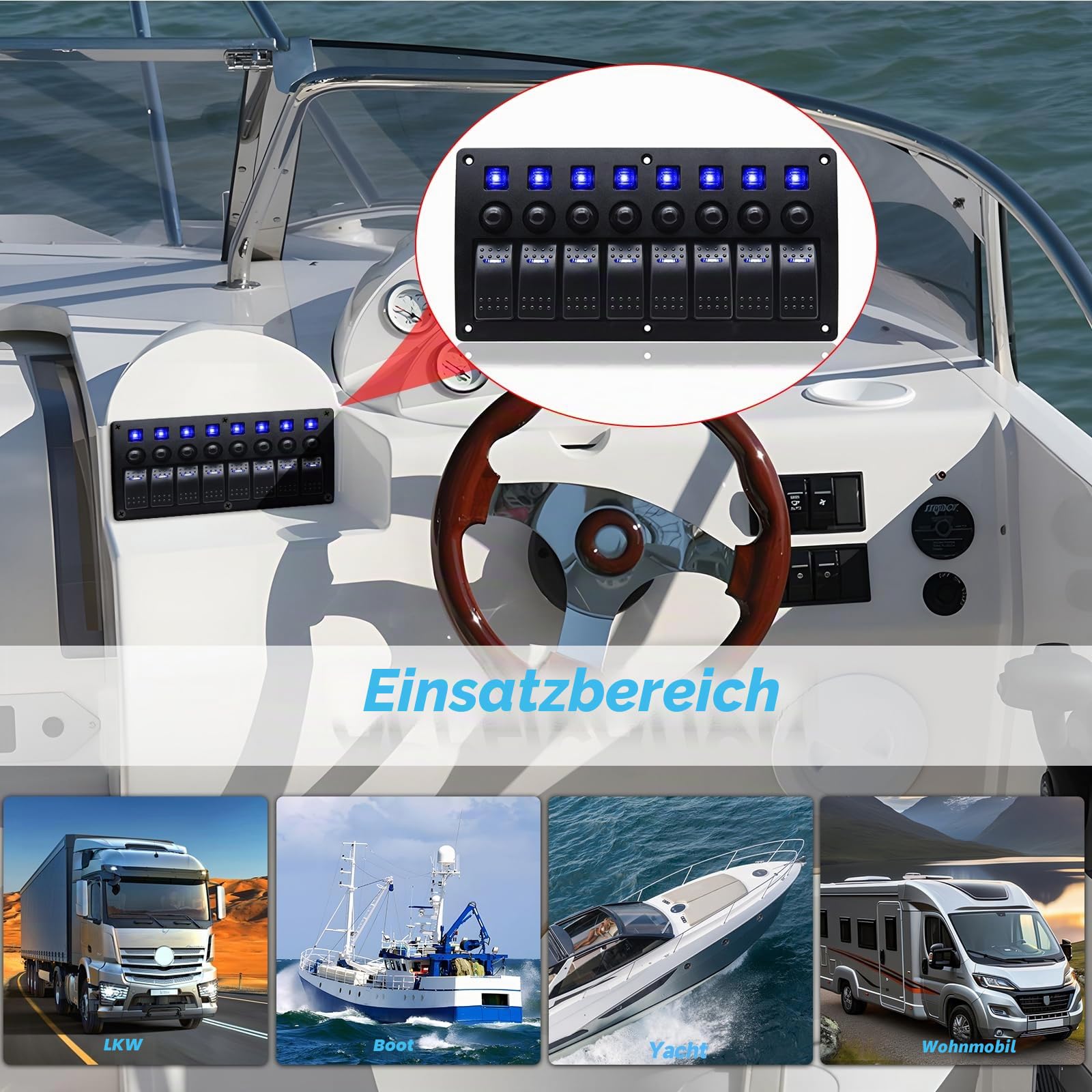 Geloo 8 Gang Marine Schalter Panel wasserdichte Toggle Rocker Switch Panel 12V /24V Leistungsschalter blau LED für Auto RV Fahrzeug Boat Yacht