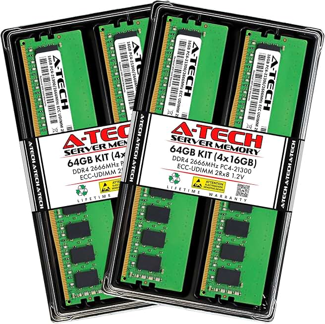 A-Tech Server 64GB Kit (4x16GB) DDR4 2666MHz PC4-21300 ECC UDIMM 2Rx8 Dual Rank 1.2V ECC Unbuffered DIMM 288-Pin Server & Workstation RAM Memory Upgrade Modules (A-Tech Enterprise Series)