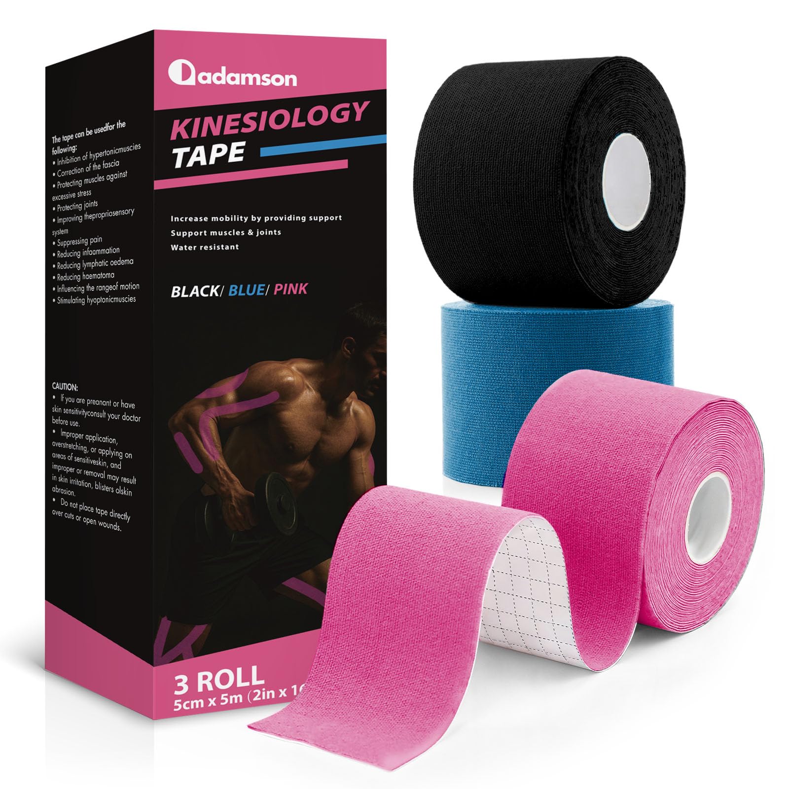 Adamson Kinesiology Tape Sports Athletic Tape 2 in x 16 ft Elastic Latex-Free Water-Resistant Muscle Support Tape 3