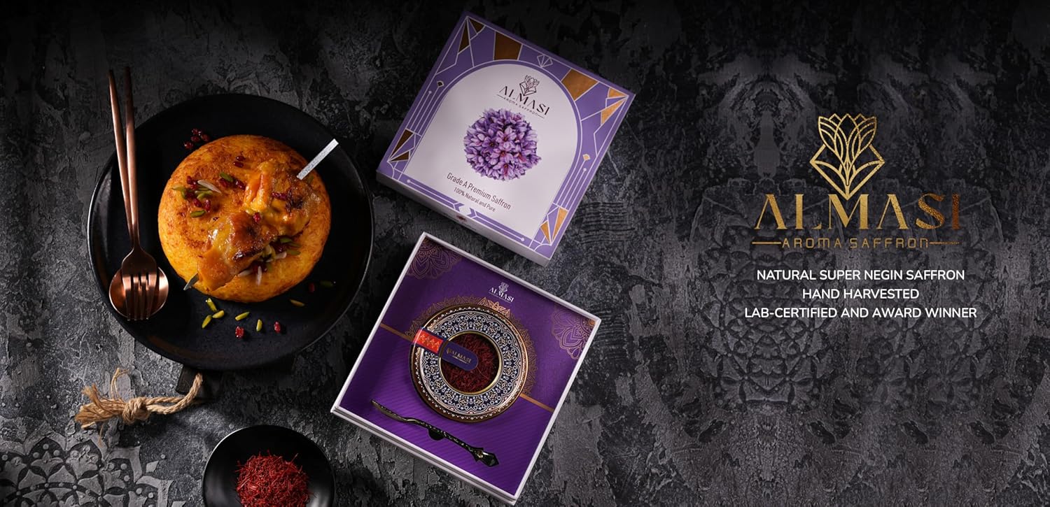 Almasi Aroma Saffron Deluxe Set – Super Negin Persian Saffron Threads | Award-Winning & USA Lab Tested | 100% Pure Grade A+ | Metal Can in Rigid Gift Box with Vintage Spoon | Includes Free Precision Saffron Tweezer | Premium Cooking & Gifting (5 Grams)
