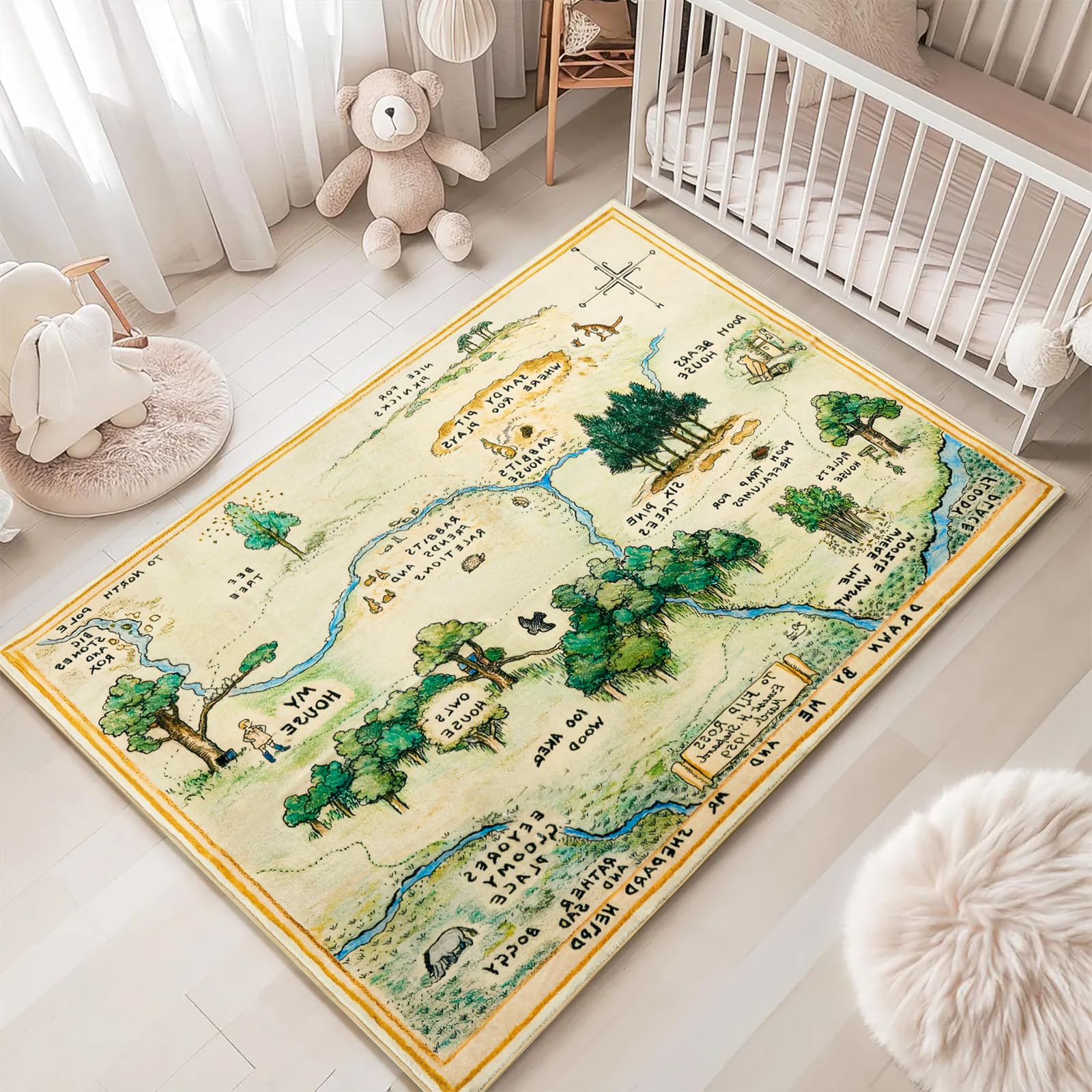 Estmy 4x6 Cute Woodland Nursery Rugs for Girls Boys Neutral Non Slip Washable, Stain Resistant Soft Shaggy Cartoon Fun Map Kids Playroom Rug, Vintage