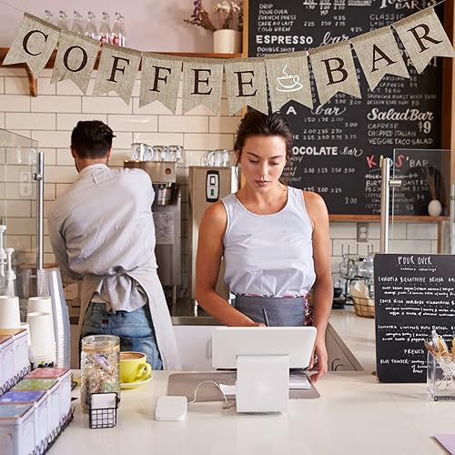 Miniatura 7 de Amosfun Guirnalda rústica de arpillera para barra de café, cola de golondrina, guirnalda de banderines de lino para cumpleaños, boda, aniversario,