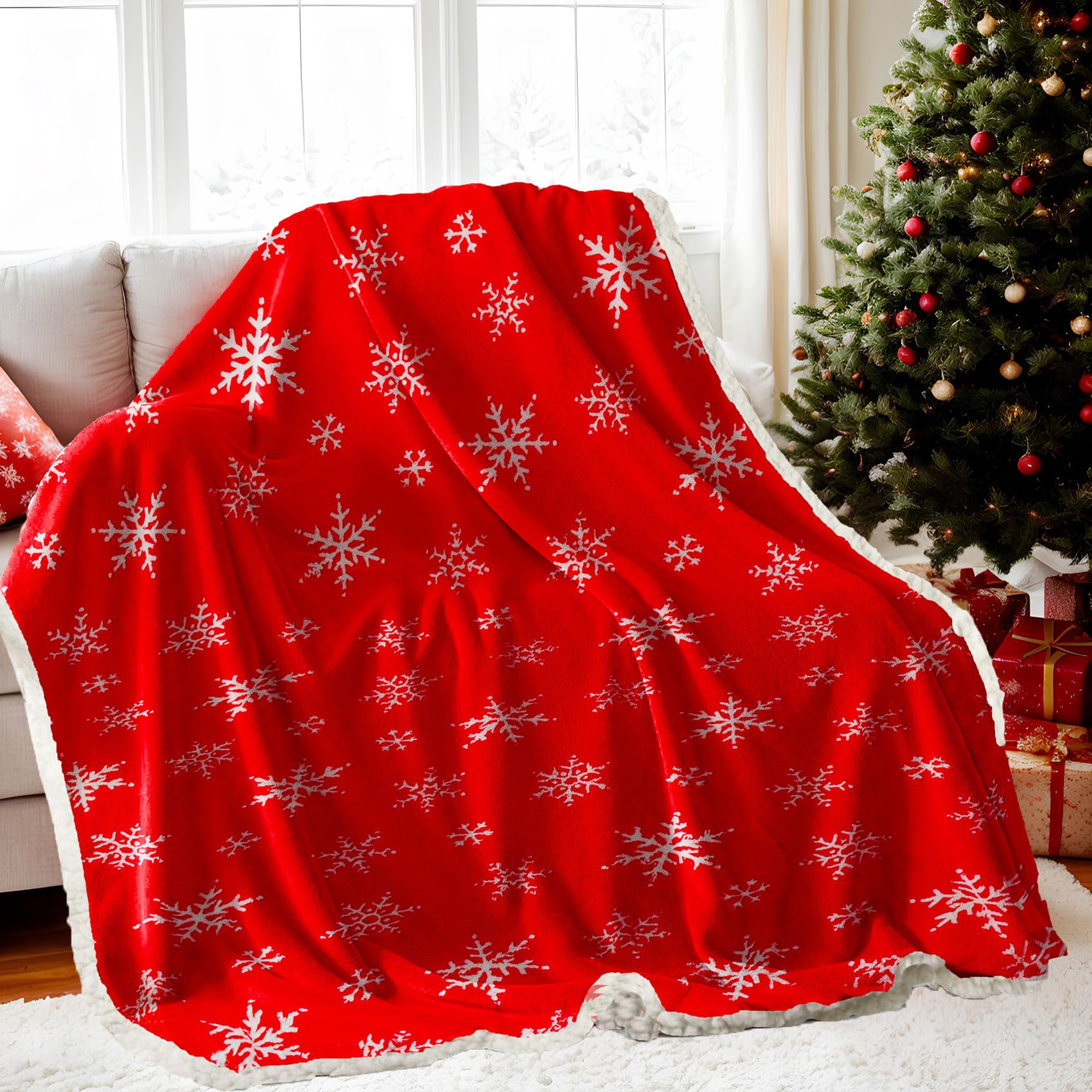 Christmas Blanket 150 x 190 cm for Sofa and Bed, Reversible Flannel and Sherpa -100% Polyester - Super Soft and Warm