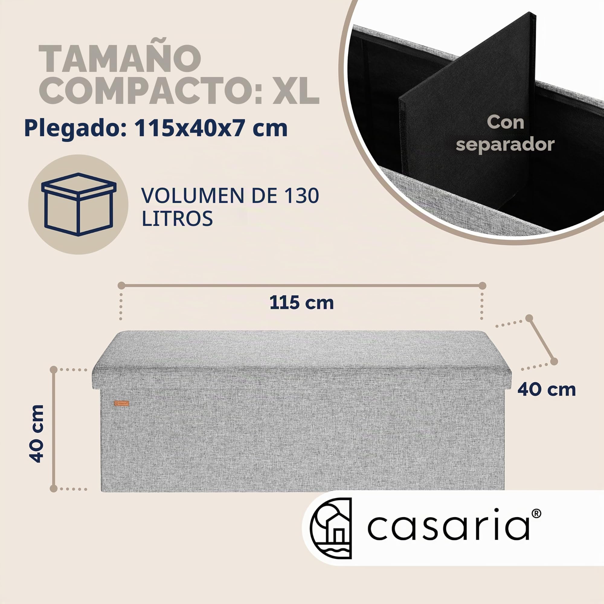 CASARIA® Banco Almacenaje Plegable Puff Reposapiés Otomana Almacenamiento Salón Dormitorio Capacidad Carga 300kg Resistente Efecto Lino 115x40x40cm Gris Claro