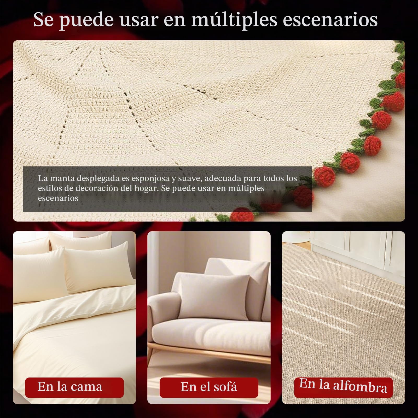Manta de ramo, Ramo de flores manta, Diámetro 120 x 120 cm,manta de ramo de flores de ganchillo, suave y ligera, para decoración de Cama del hogar, guardería, Boda, inauguración de la casa,52 rosas 3D