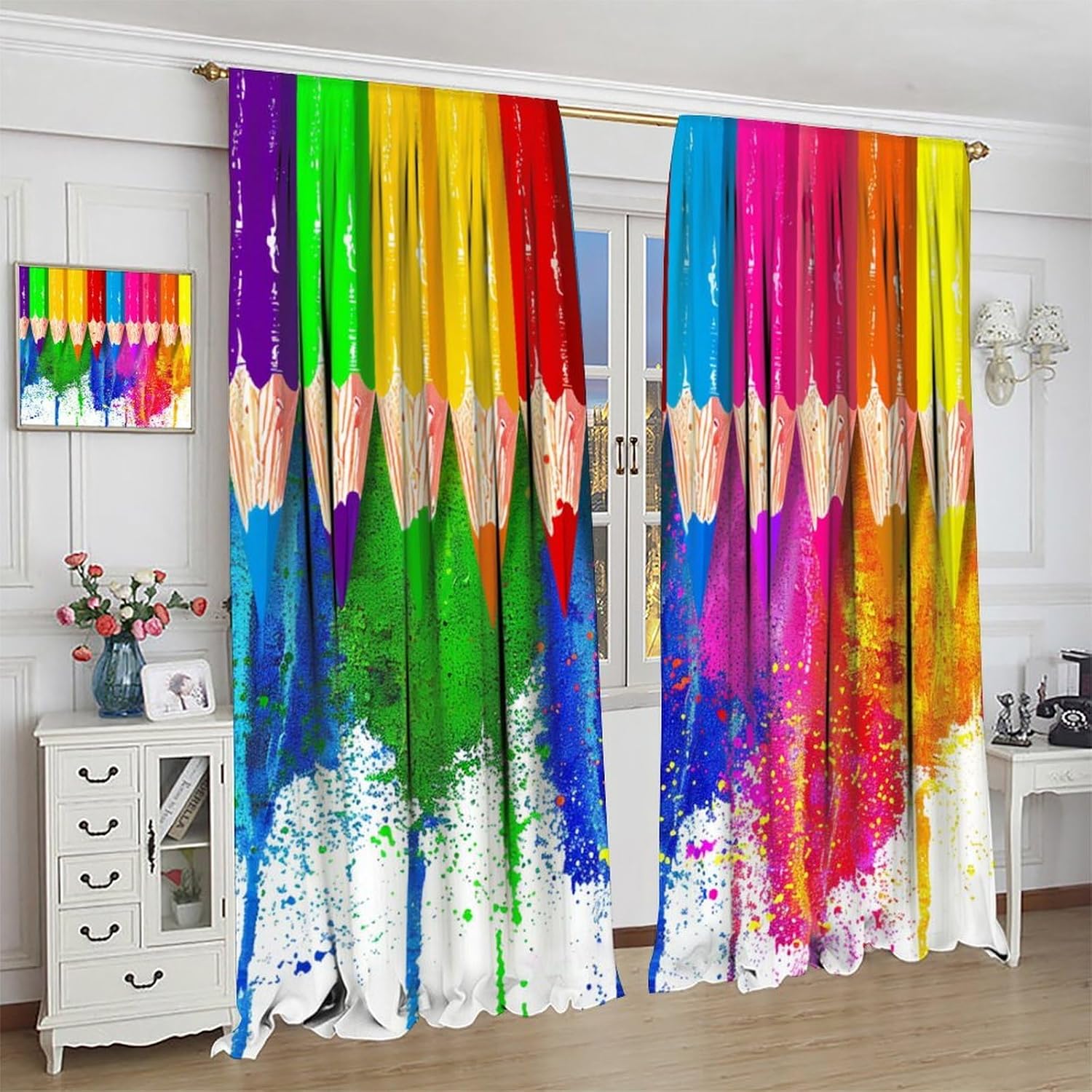Crayon Curtains Watercolor Colorful Rainbow Pencil Pattern for Kids Room Decoration Blackout Print Rod Pocket Window Drapes for Bedroom Living Room 42x45in