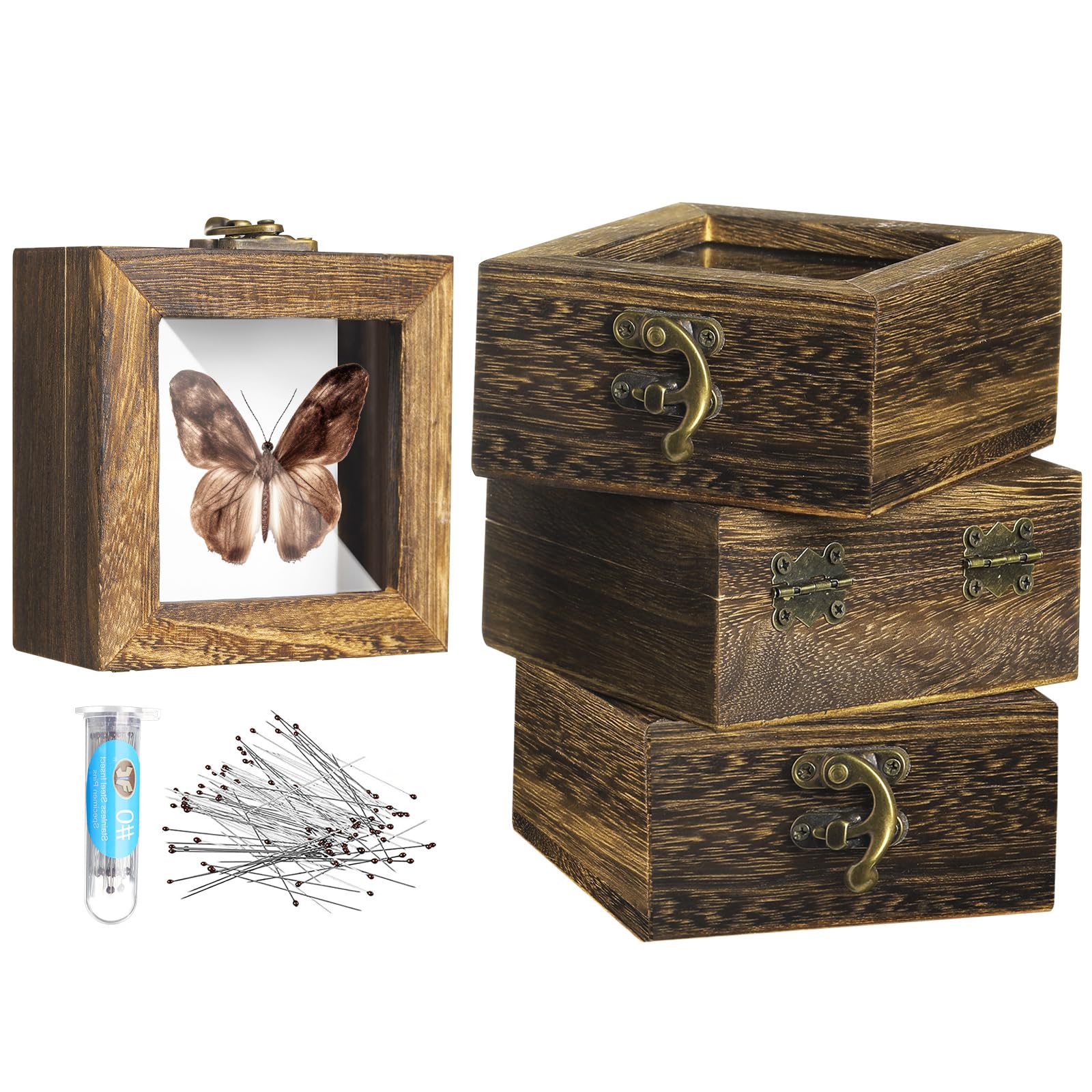Reallnaive 4 Pcs Insect Pinning Kit 4 inch Wooden Display Case Box, EVA Foam Insect Pinning Board, 100 Insect Pins for Butterfly Specimen Bugs Collection Tools