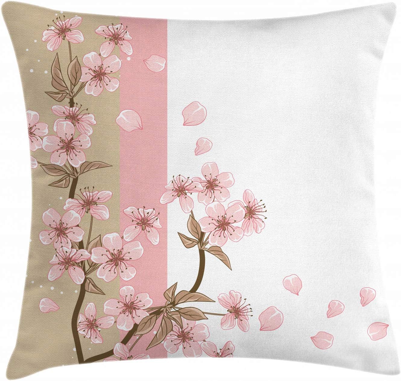 AmbesonneAmbesonne Japanese Throw Pillow Cushion Cover, Romantic Sakura Blooms Flowers Petals Spring Wind Eastern Nature Theme, Decorative Square Accent Pillow Case, 16" X 16", Sand Brown