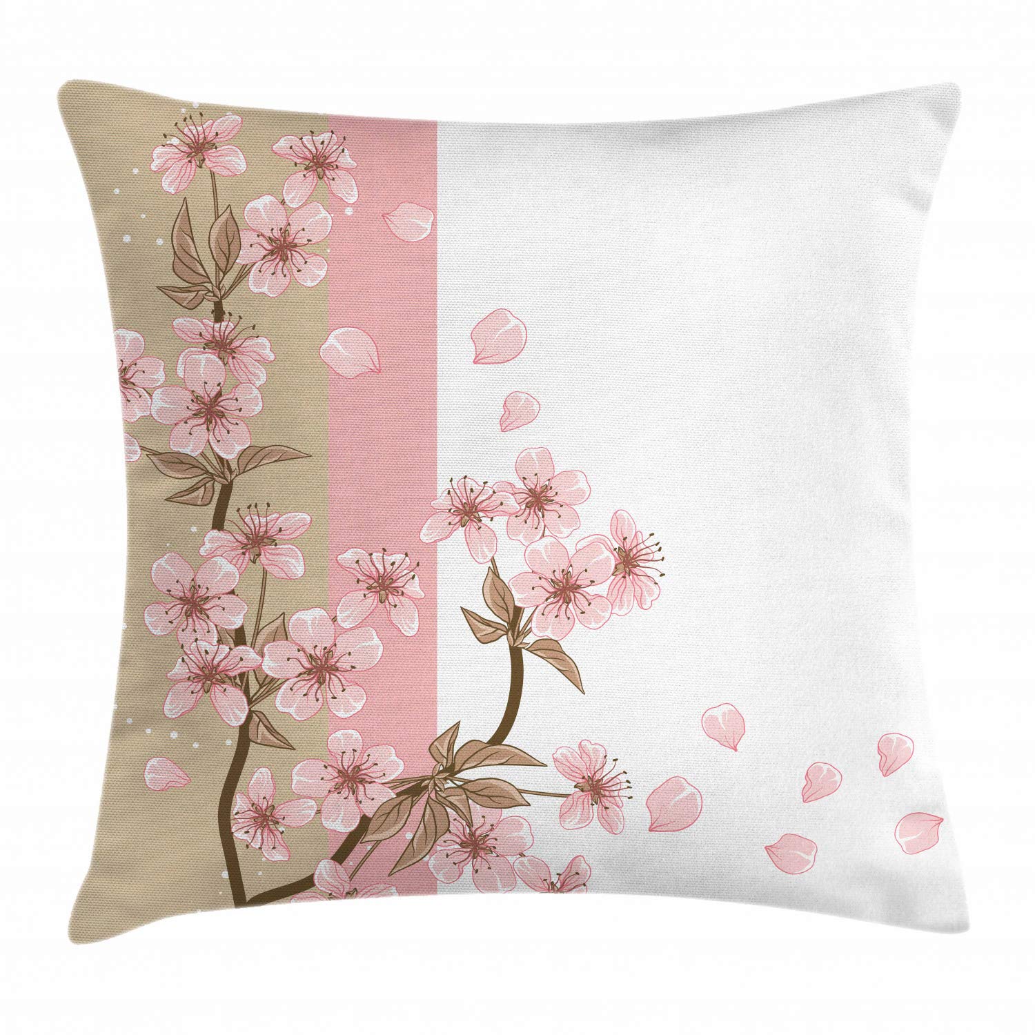 AmbesonneAmbesonne Japanese Throw Pillow Cushion Cover, Romantic Sakura Blooms Flowers Petals Spring Wind Eastern Nature Theme, Decorative Square Accent Pillow Case, 16" X 16", Sand Brown