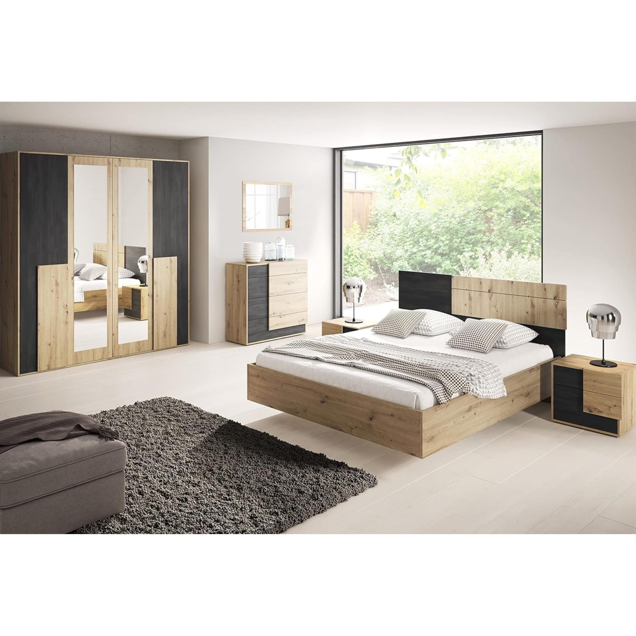 Bafra - Chambre à Coucher Adulte Complète Avec Lit 160x200 Sans Matelas, 2 Tables De Chevet, Commode, Armoire Avec Portes Coulissantes L:200 x H:208 x P:65 cm, Artisan Chêne Kiefer