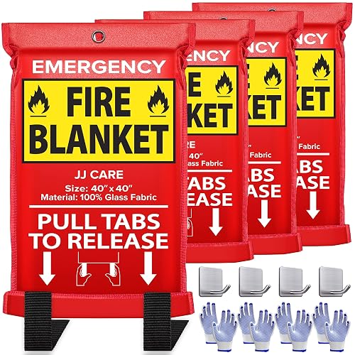 JJ CARE Fire Blanket – 4 Pack with Hooks and Gloves, 40' x 40' Flame Retardant Emergency Safety Cover for Home, Kitchen,