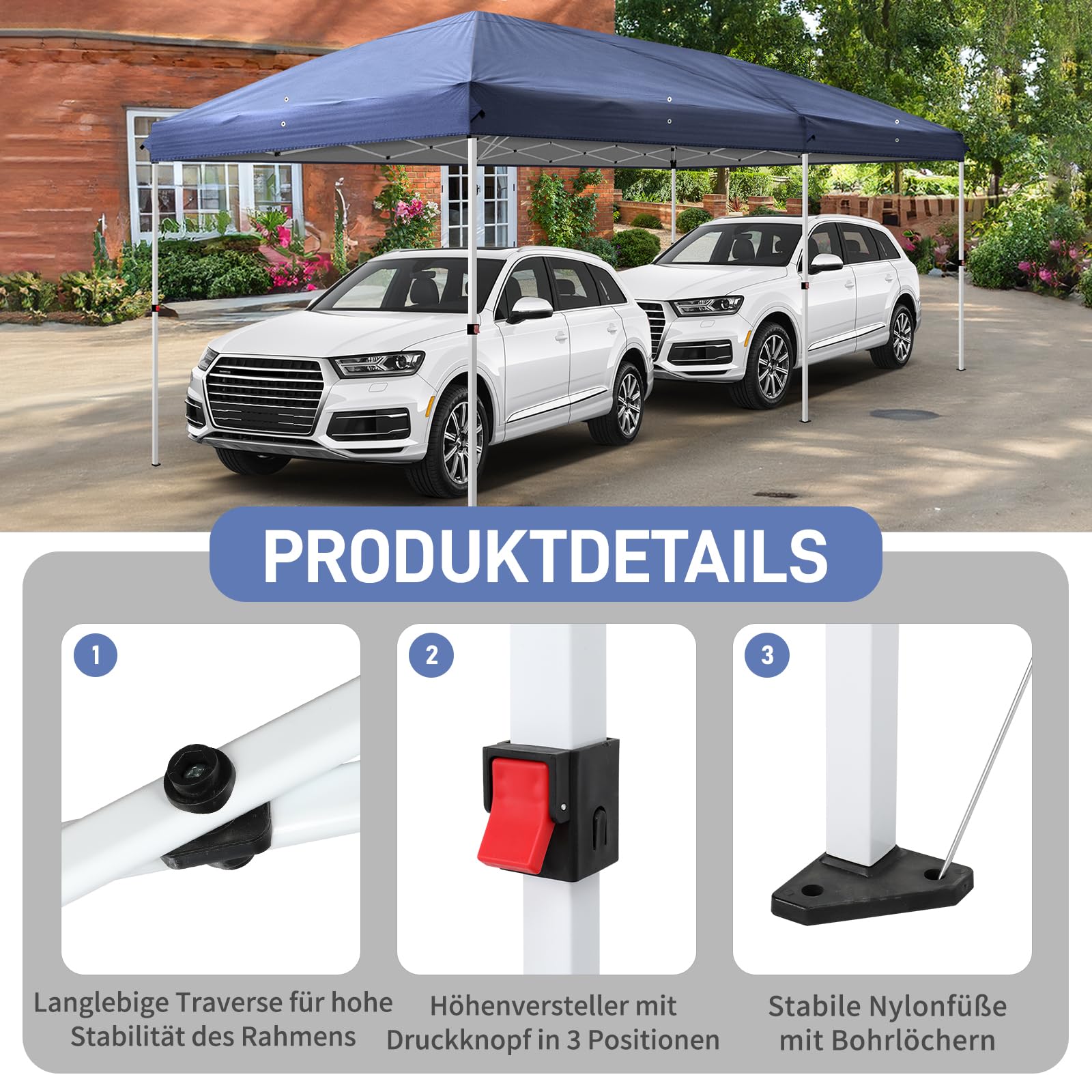 LEADZM - Carpa plegable 3 x 6 m - Impermeable - Protección UV 50+ - Ajustable en altura con 6 mosquiteros - Estable - Ideal para jardín, terraza, camping y uso comercial - Azul