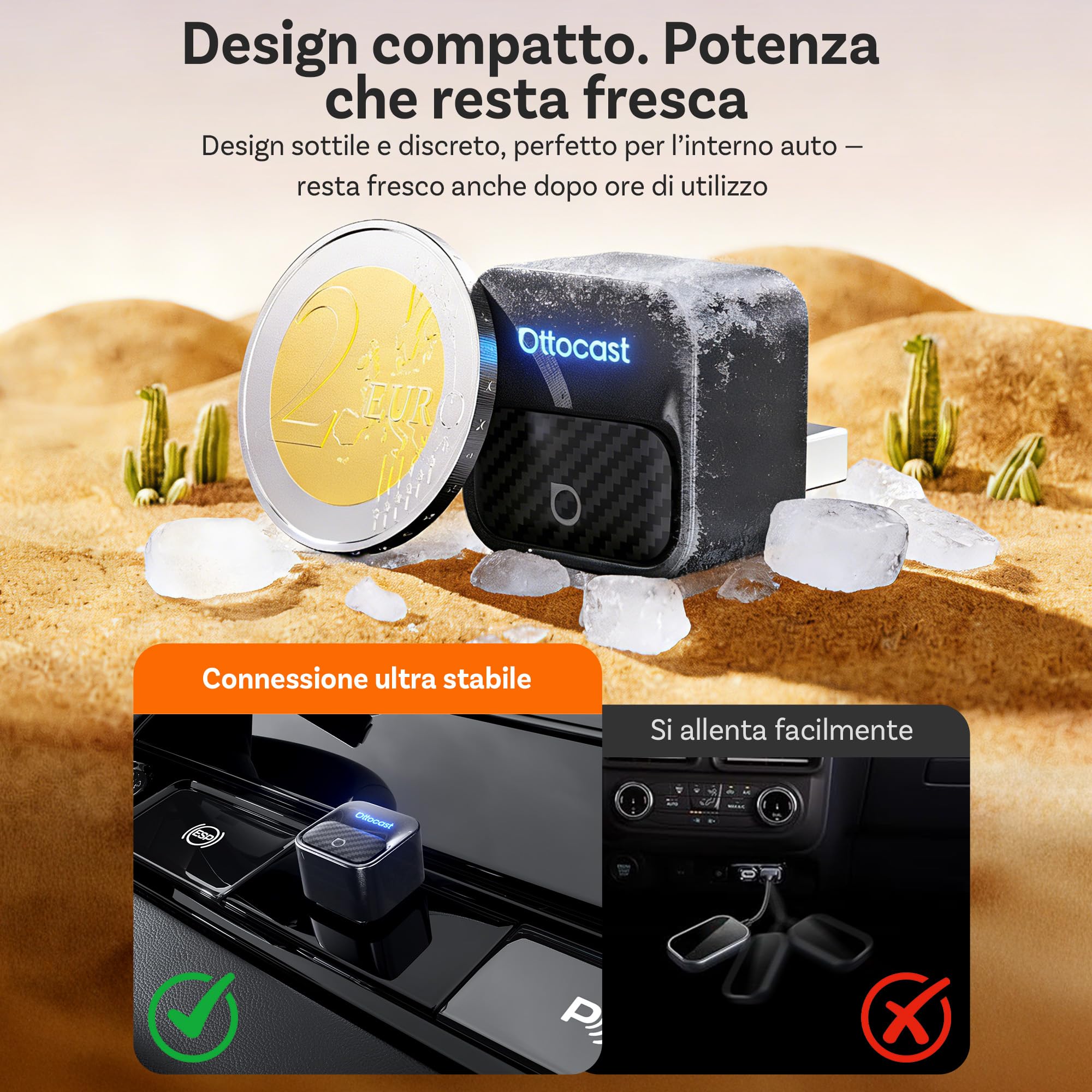Ottocast Mini Core 2026 Adattatore CarPlay Wireless & Android Auto, Plug & Play, Cambio telefono con un tasto, WiFi 6 + BT 5.4, Riconnessione automatica, Per iPhone 6+ (iOS 10+) e Android 11+
