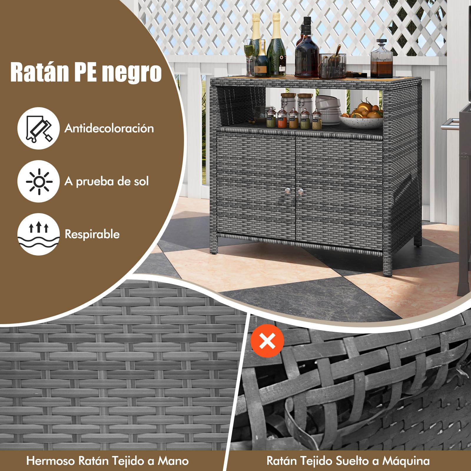 GYMAX Armario de Jardín de Ratán, Aparador con Encimera de Madera de Acacia, 2 Puertas y Estante Abierto, Mueble Exterior Almacenaje para Herramientas de Jardín, 90 x 53 x 86 cm (Gris)