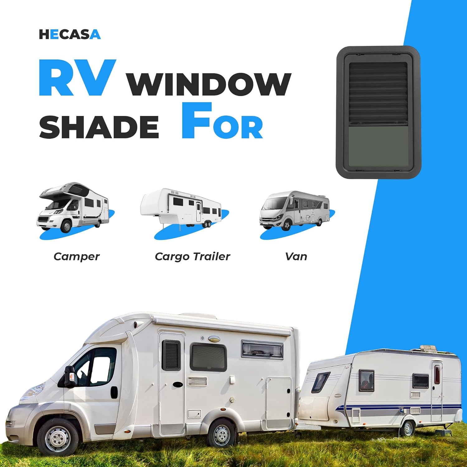 HECASA 806621 RV Entry Door Window With Low-profile Shade 12'' W X 21'' H Black for Cargo Travel Trailer, Camper, Cargo Van Tinted Glass