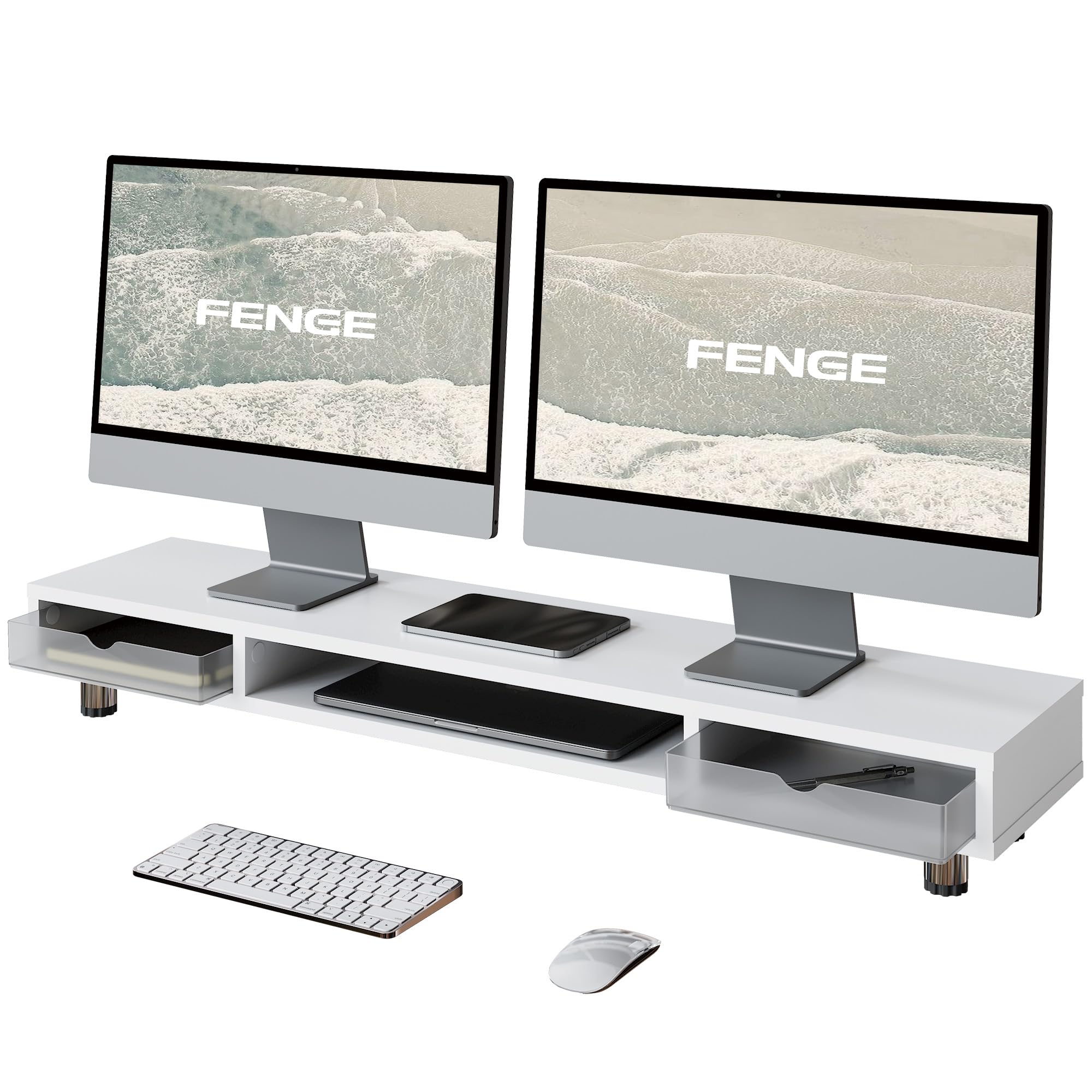 Fenge Podwójny podnośnik monitora 108cm, z 2 szufladami, biały
