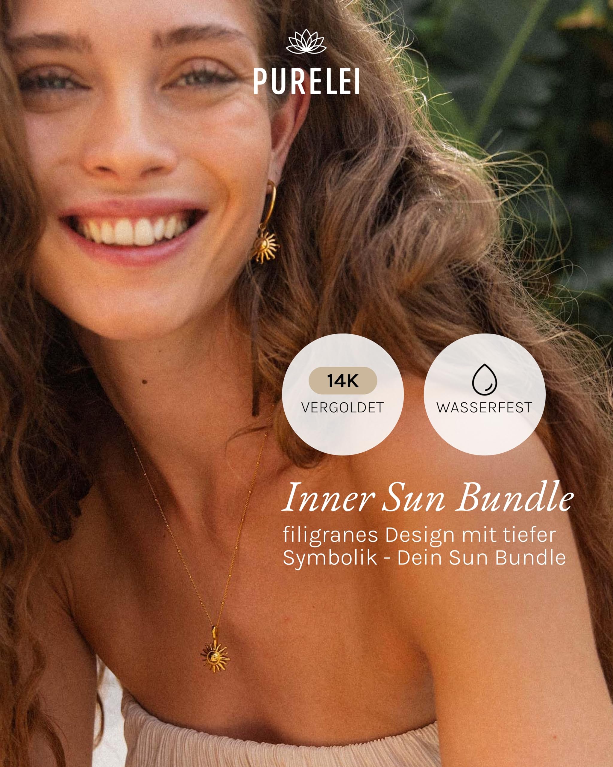 Purelei Inner Sun Bundle Kette & Ohrringe – Schmuck Set aus Kette Damen und Ohrring aus Edelstahl (14K vergoldet) – Verstellbare Länge – Hawaiianisch inspiriert & wasserfest