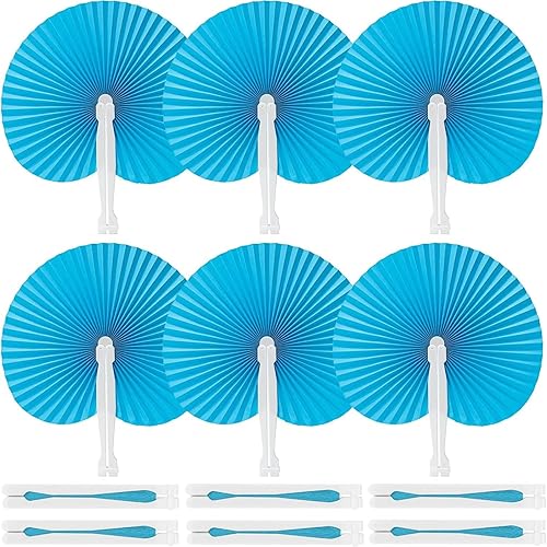 JOHOUSE Ventilador de mano redondo decorativo plegable, paquete de 12 abanicos plegables azules, manualidades de estilo chino y japonés para bodas,