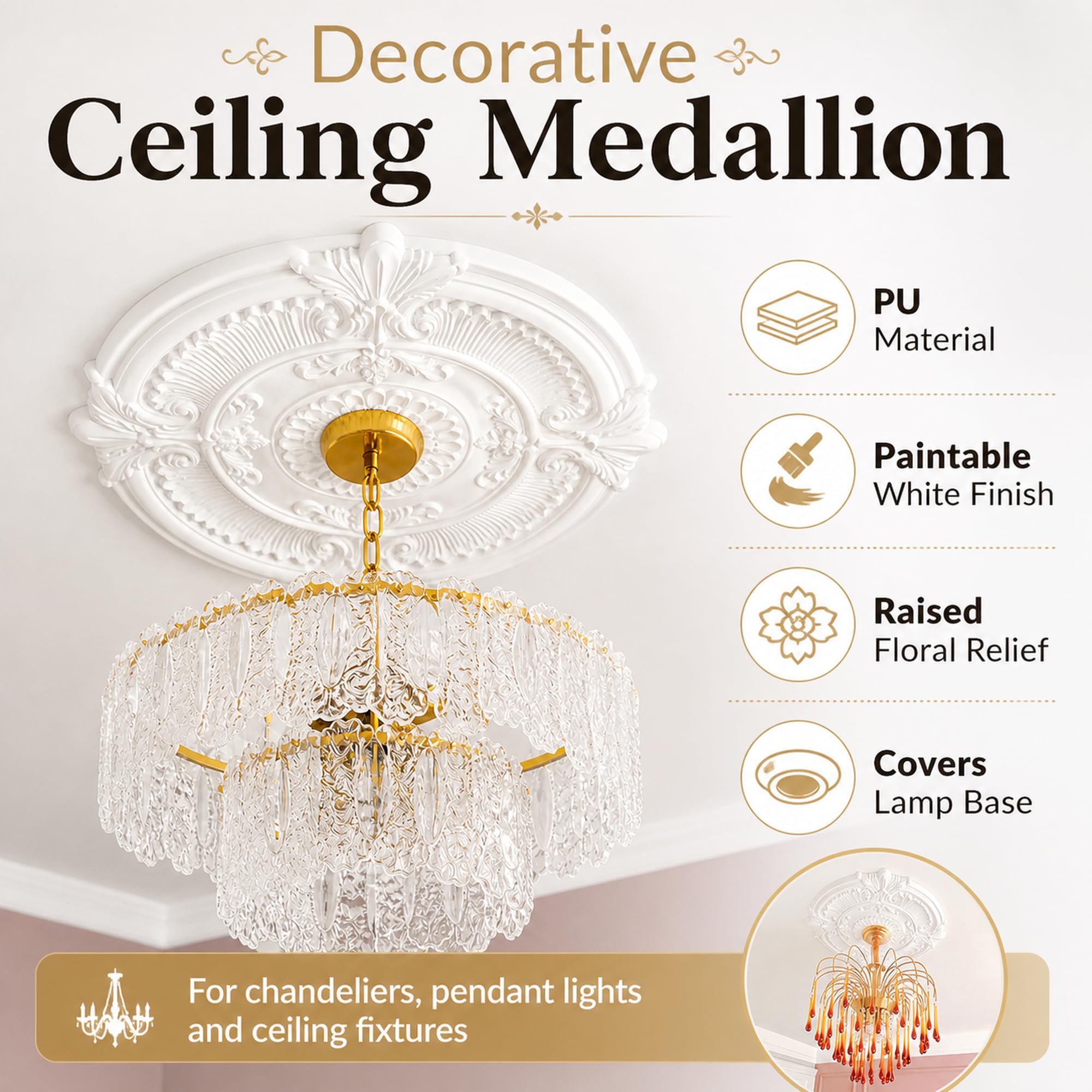 Rosone Decorativo per Lampadario,Piastra Rotonda per Ventilatore Soffitto | Leggero,Resistente alle Deformazioni,Medaglione per plafoniera,Piastra Copertura Decorativa,Stile Europeo,per Interni