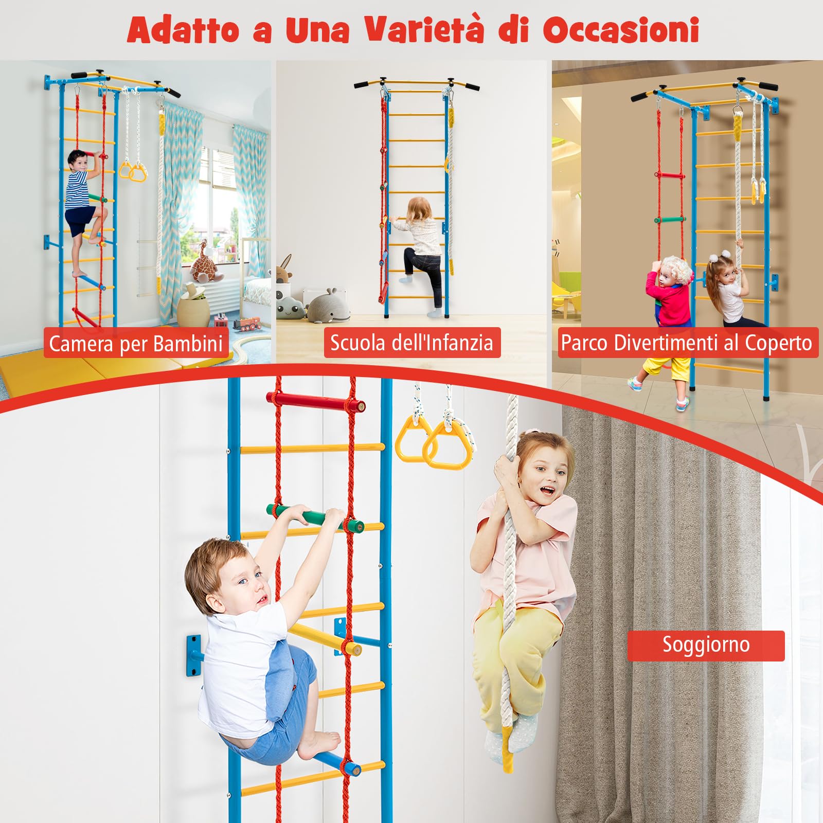 COSTWAY Set di Sbarre per Bambini, Spalliera in Acciaio da Parete per Interni, Sbarra per Trazioni, Scala a Corda, Corda e Anelli da Ginnastica per Bambini dai 3 Anni in su, 107 x 83 x 223 cm