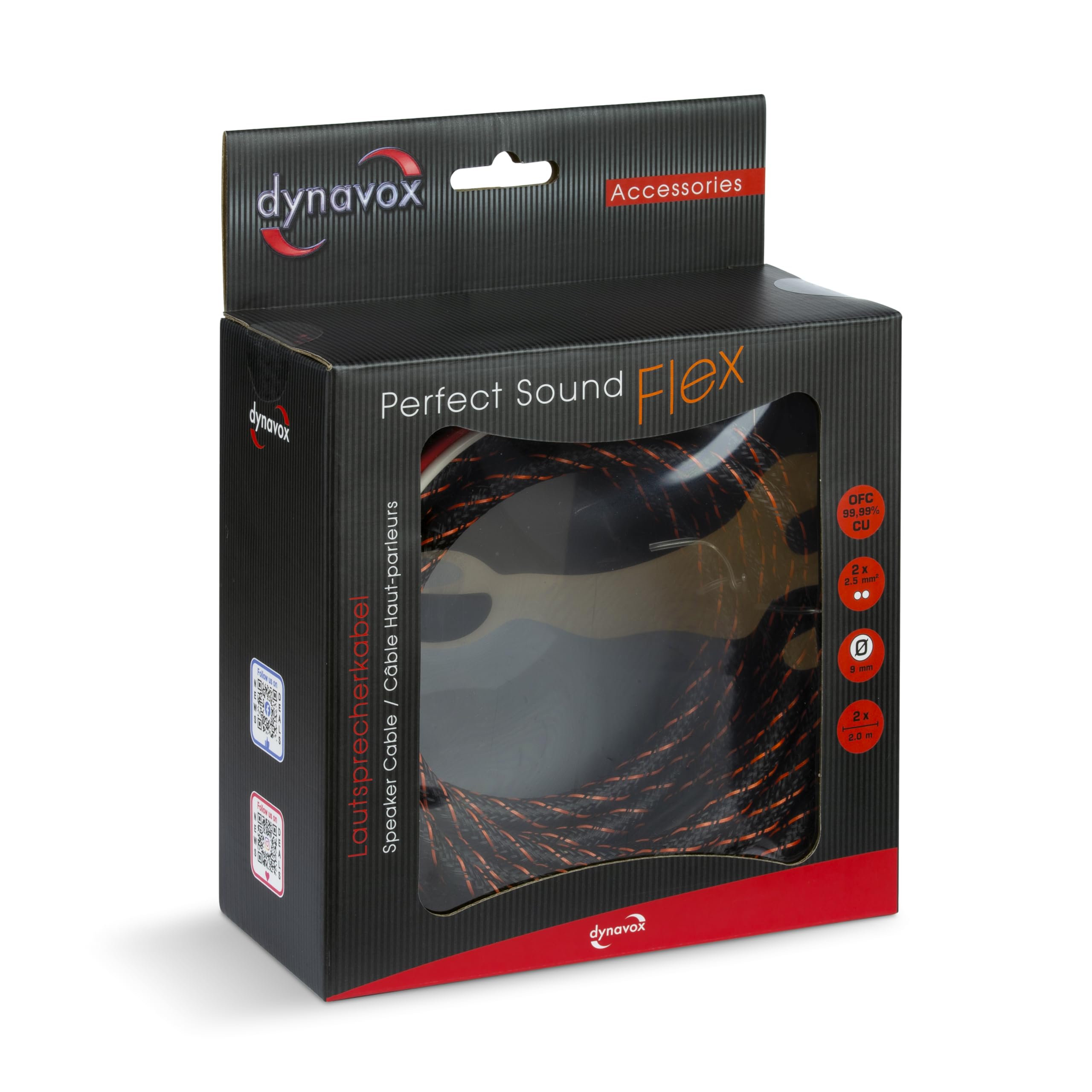 Dynavox Perfect Sound Flex Lautsprecherkabel, konfektioniert, extrem flexibel, HiFi Kabel mit vergoldeten Bananenhohlsteckern, verlustfreie Signalübertragung, hochreines OFC-Kupfer, Paar, Länge 2m