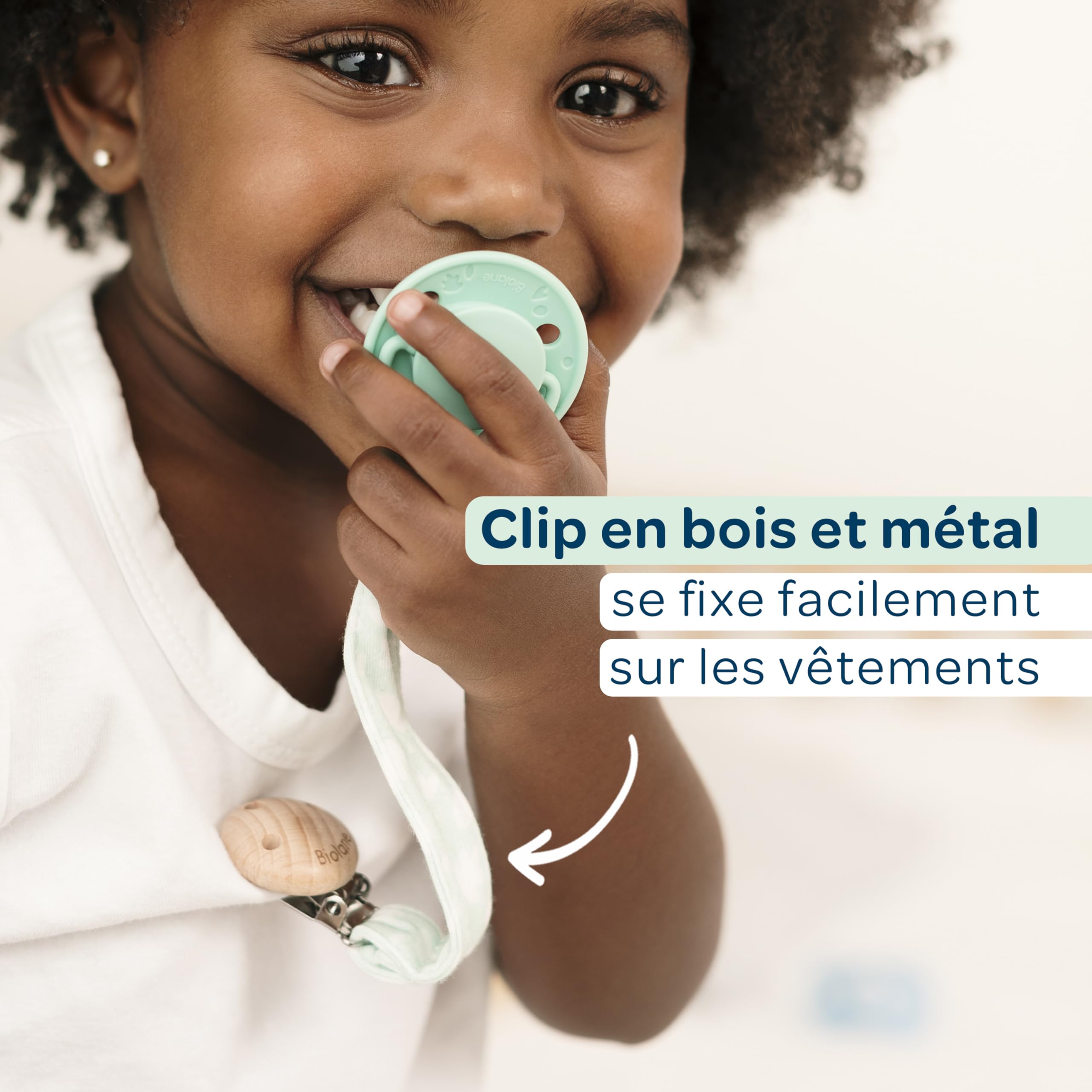 BIOLANE Attache tétine bébé 100% coton beige double sécurité anti-glisse
