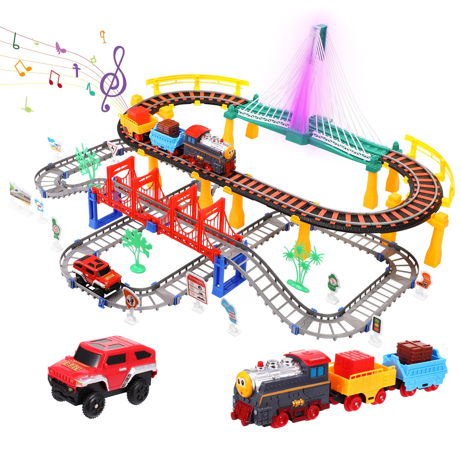 Electric Train Set Toy for Kids, Trains Toy with Train Whistles & Glowing Bridge Lights, Railway Trains Track Toys Playset Christmas Birthday Gifts for 5 6 7 8 Years Old Boys Girls