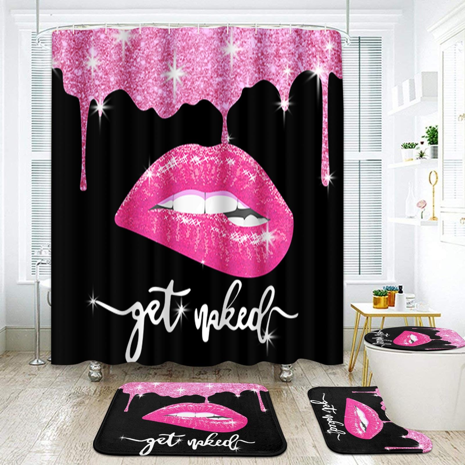 Arttown Black Bathroom Set with Shower Curtain and Rugs Accessories, Glitter Diamond Get Naked Lips Shower Curtains, Black and Pink Bathroom Decor 4