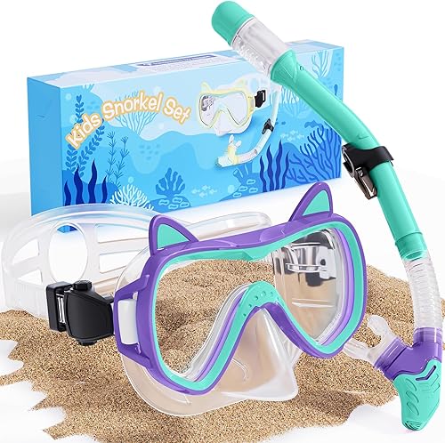 2026 Cute Kitten Kids Snorkel Set,Pastel Colors, Anti-Fog Tempered Glass Snorkeling Gear for Kids Age 6 and up – Ideal for Birthdays or Graduation