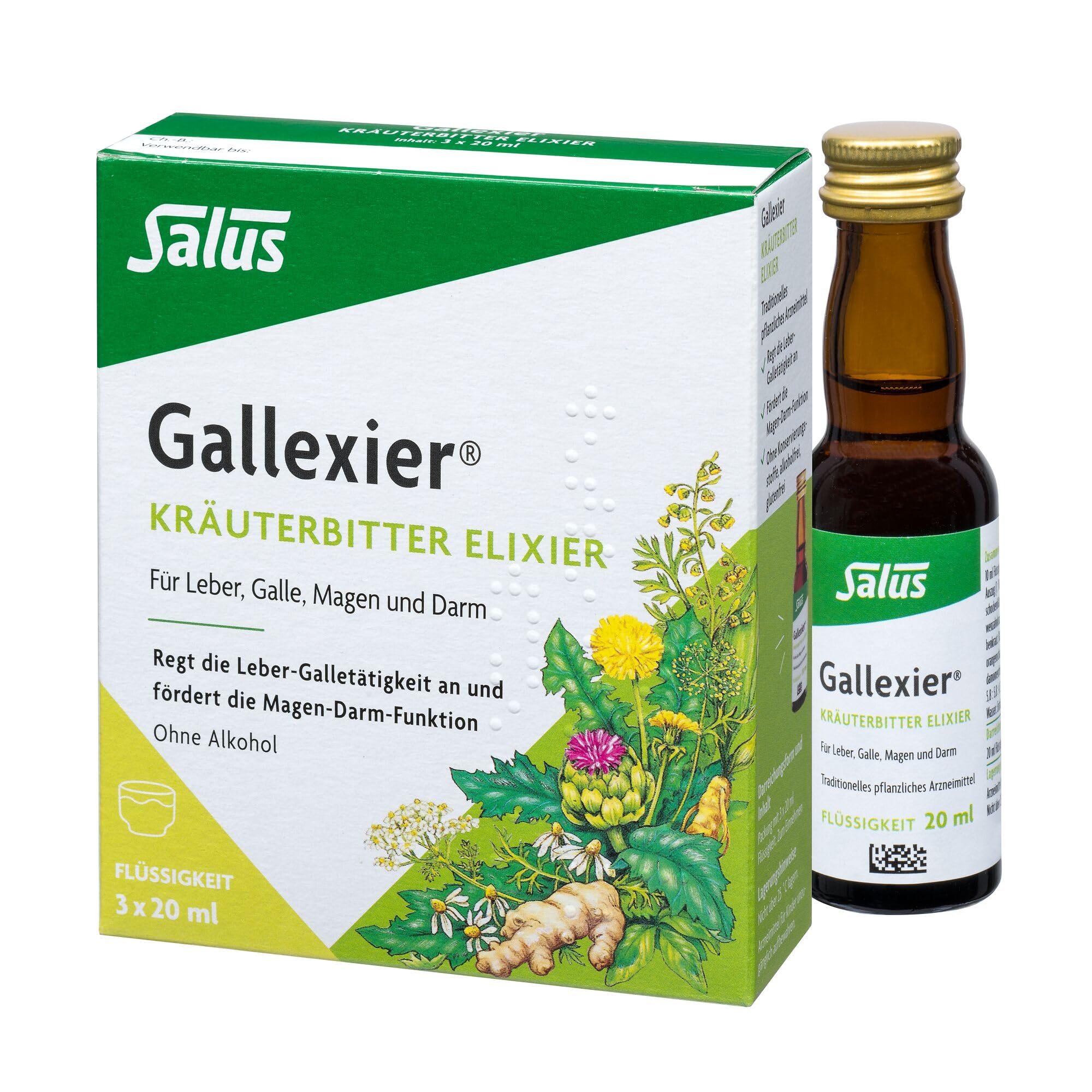Salus Gallexier Kräuterbitter Elixier - freiverkäufliches Arzneimittel - für Leber, Galle, Magen und Darm - fördert die Magen-Darm-Funktion - alkoholfrei - Flüssigkeit mit 3x 20ml
