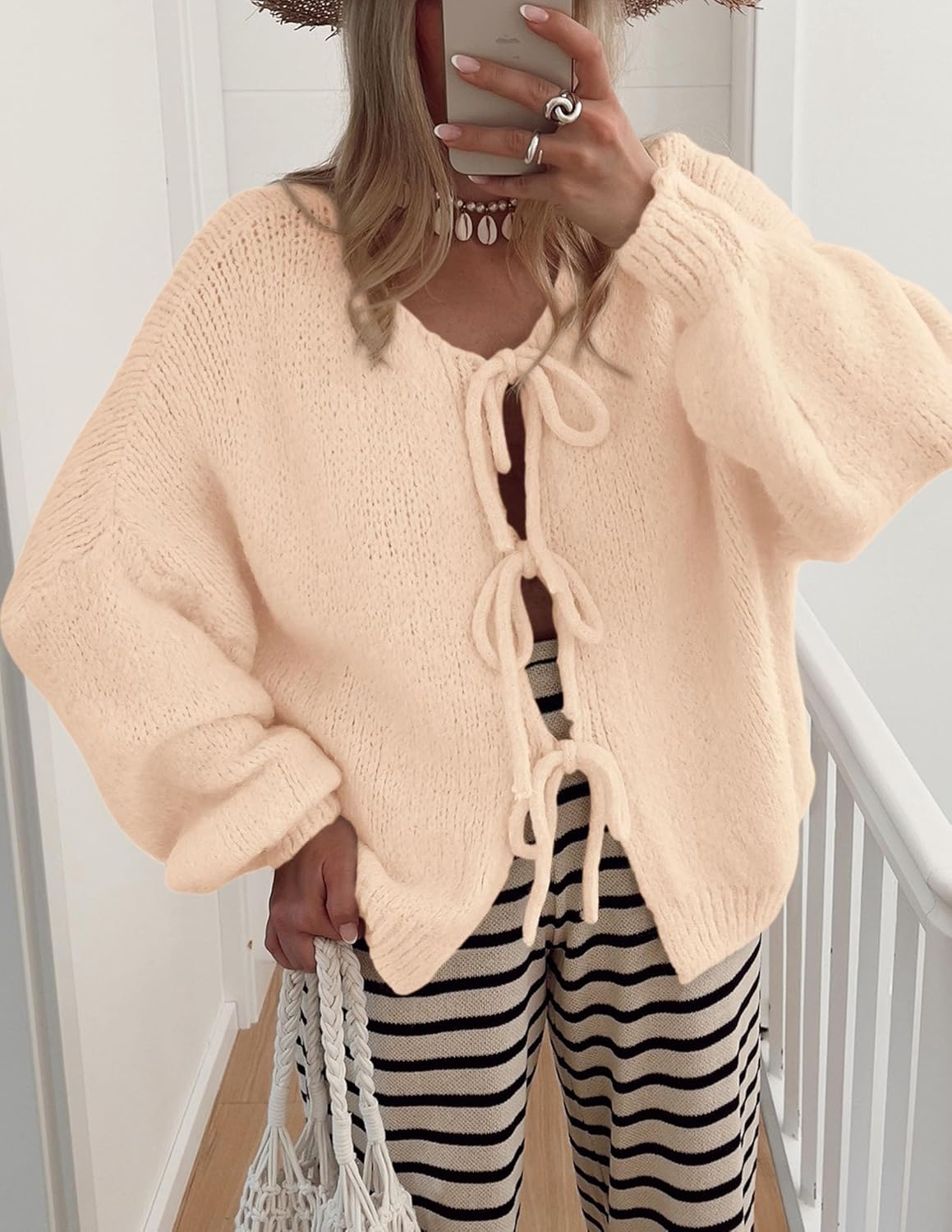 PRETTYGARDEN Women's Tie Front Bow Cardigan Sweaters Chunky Knit Long Puff Sleeve Trendy Fall Winter Jacket Coats - Image 7