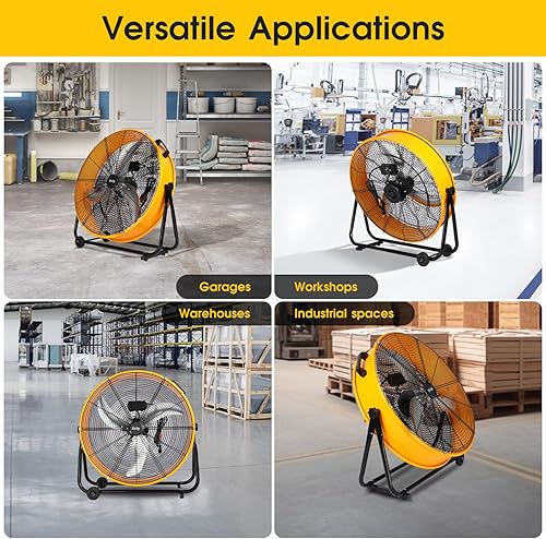 Miniatura 8 de Xcity Ventilador de tambor de metal de 24 pulgadas, ventilador de piso industrial de alta velocidad máximo de 8700 CFM con inclinación de 360° y 3