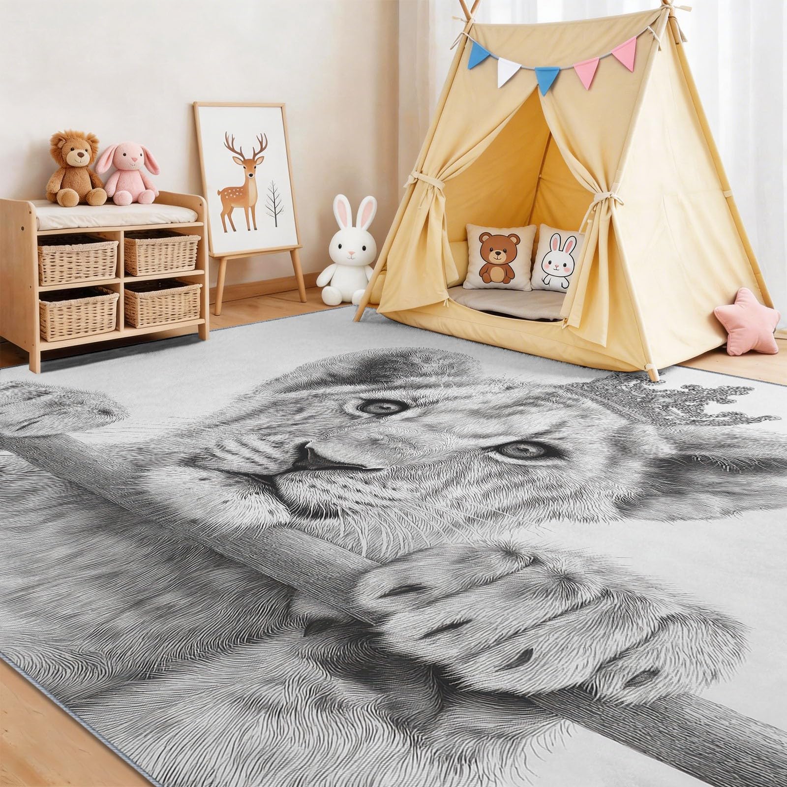 Lew zwierzę szara korona dywan do salonu 120 x 170 cm, biały dywan z nadrukiem, można prać w pralce, antypoślizgowy z krótkim włosiem do sypialni i salonu, nowoczesny design